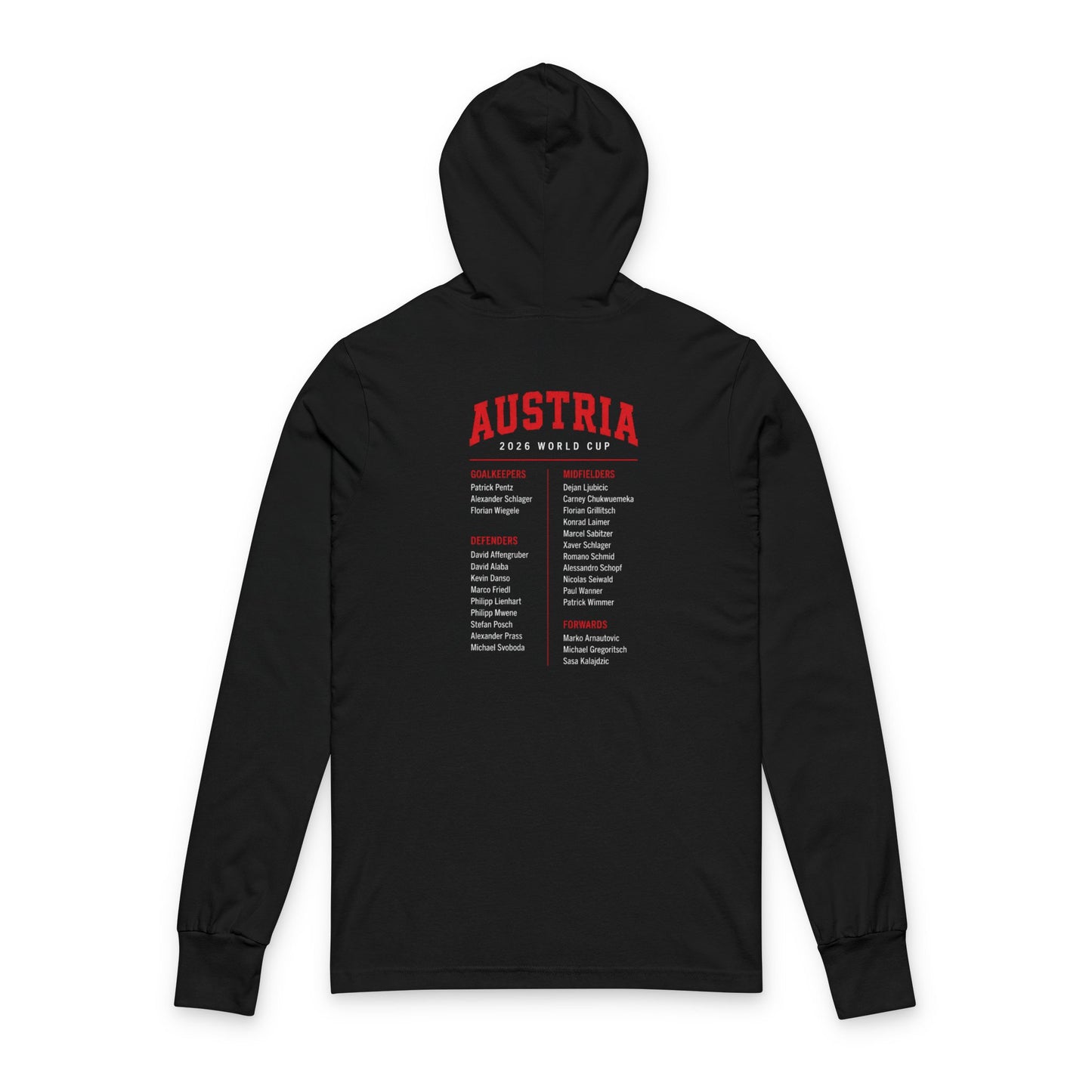 AUSTRIA Soccer Hoodie Tee — World Cup 2022 Team Roster Long-Sleeve Hooded Tee