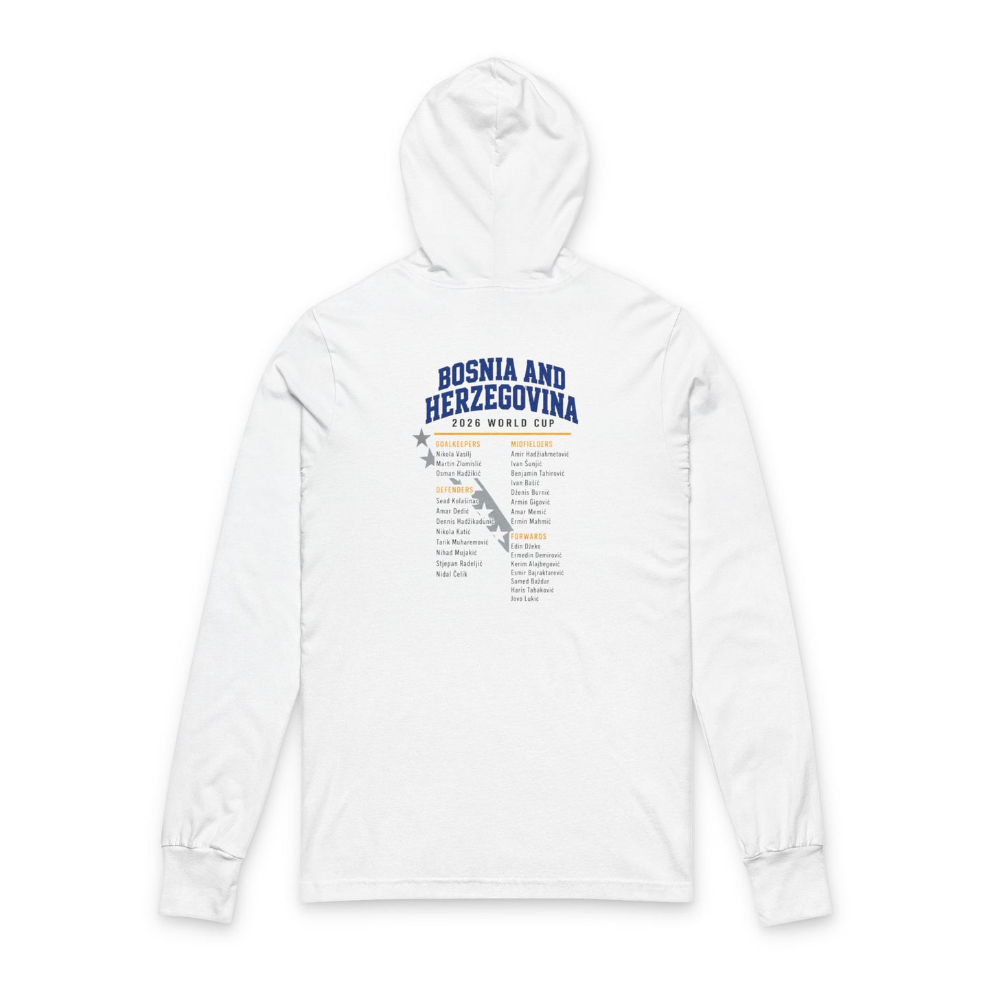 BOSNIA AND HERZEGOVINA Soccer Hoodie Tee — World Cup 2022 Team Roster Long-Sleeve Hooded Tee