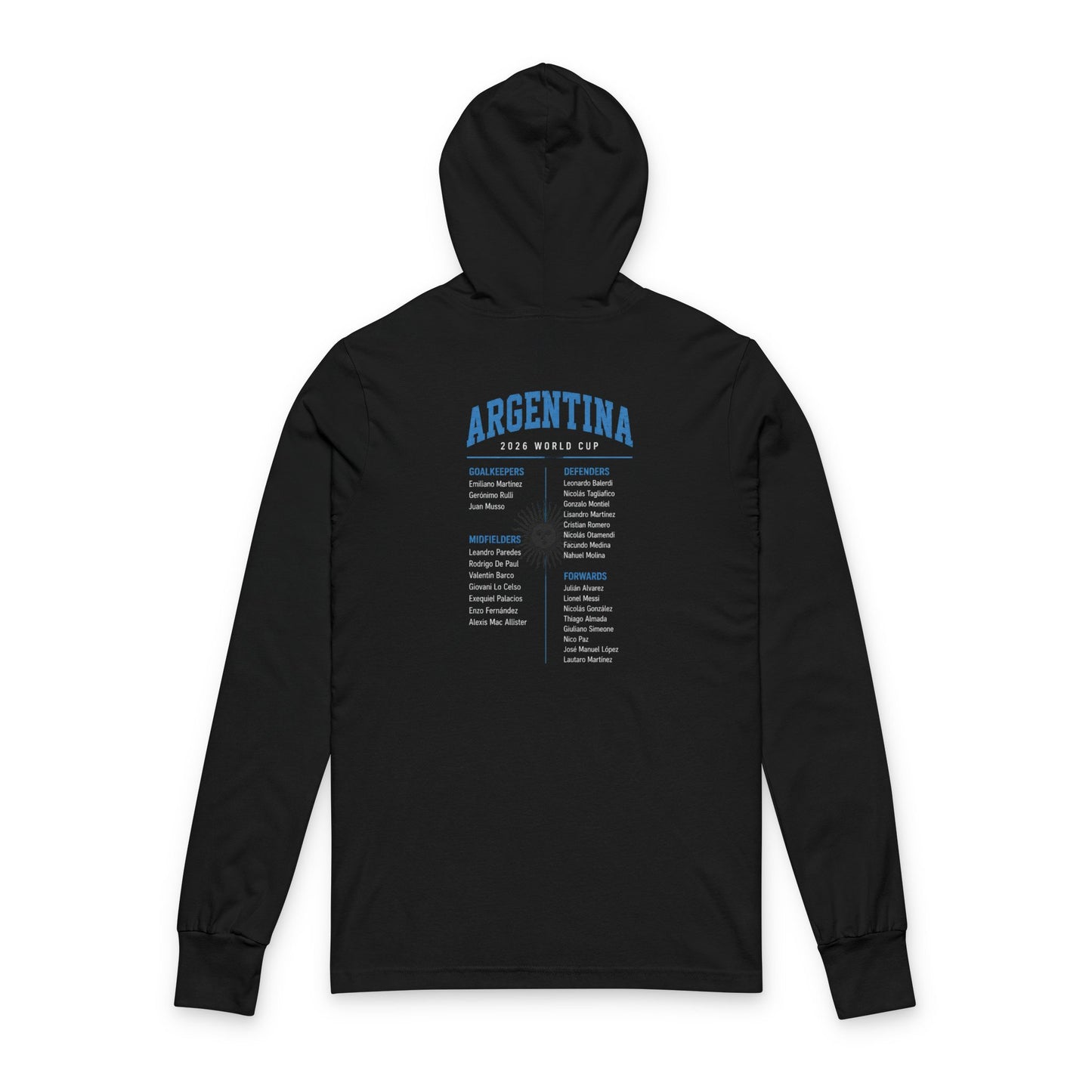 ARGENTINA Soccer Hoodie Tee — World Cup 2022 Team Roster Long-Sleeve Hooded Tee