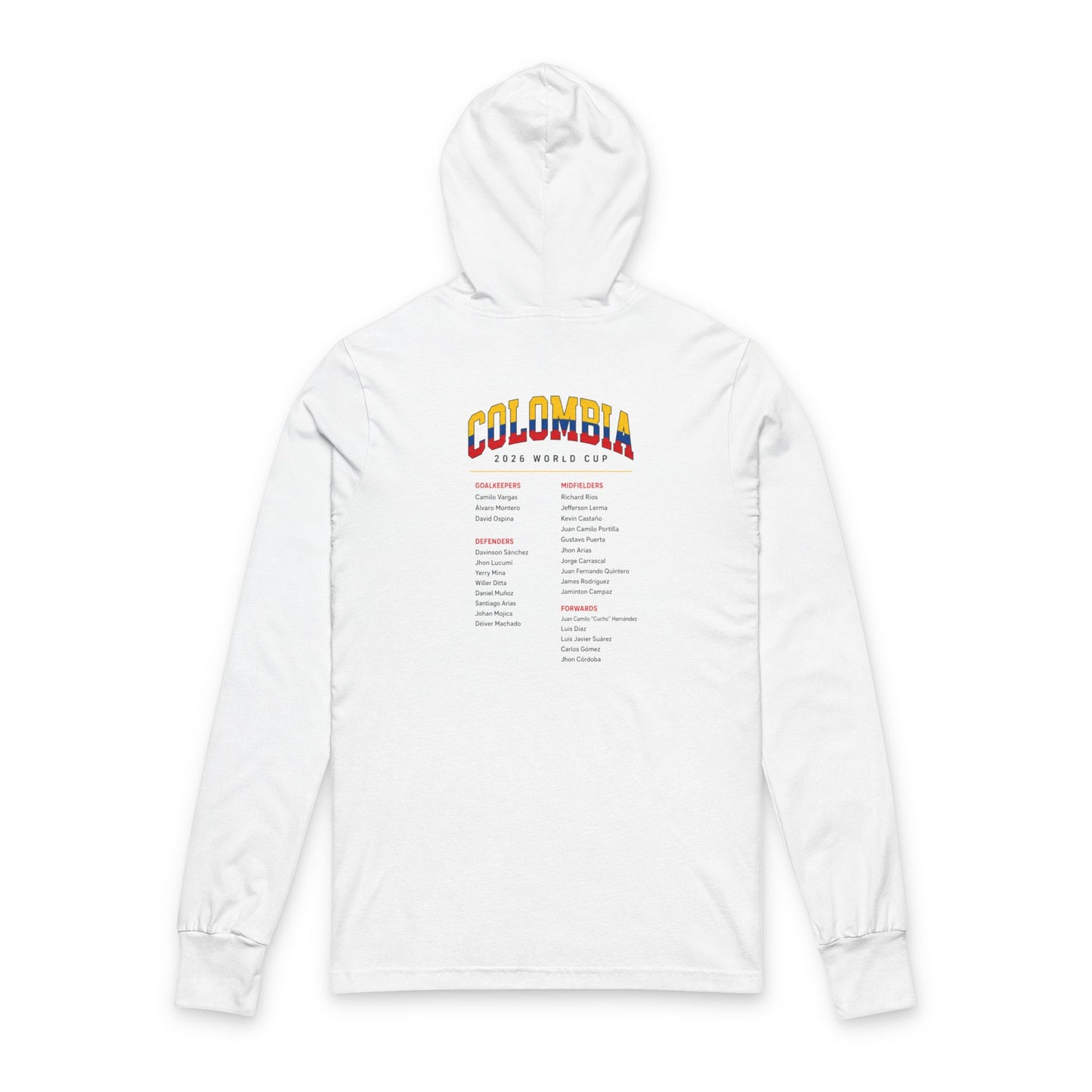 COLOMBIA Soccer Hoodie Tee — World Cup 2022 Team Roster Long-Sleeve Hooded Tee