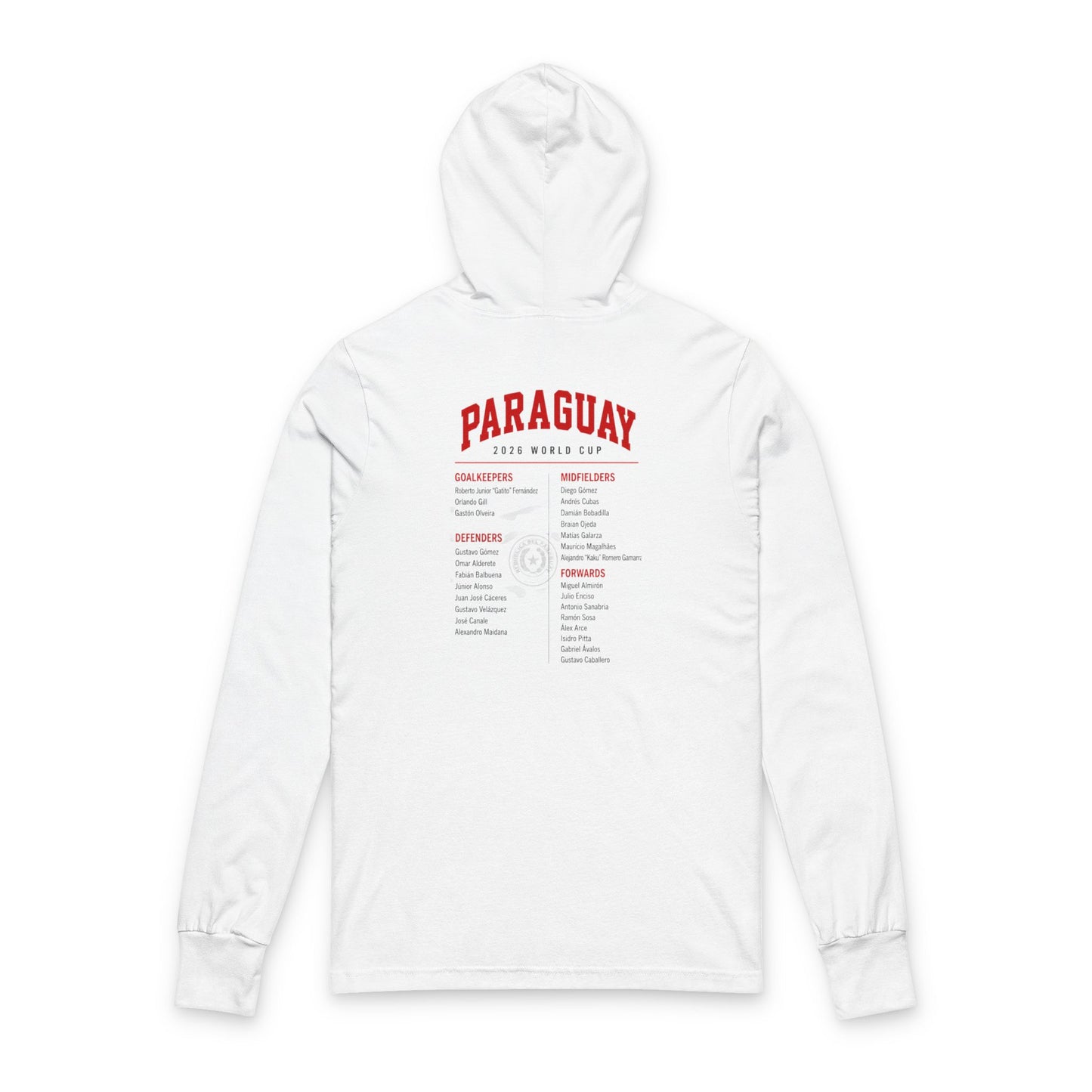 PARAGUAY Soccer Hoodie Tee — World Cup 2022 Team Roster Long-Sleeve Hooded Tee