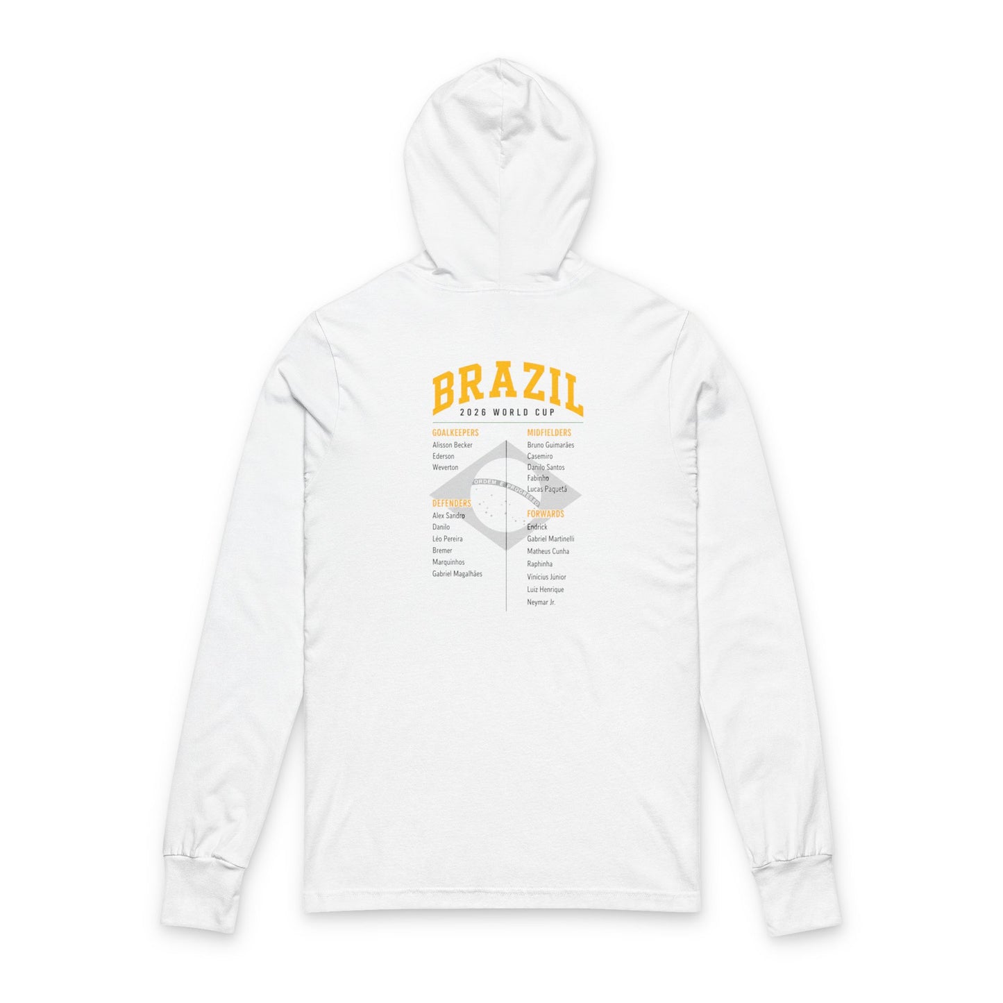 BRAZIL Soccer Hoodie Tee — World Cup 2022 Team Roster Long-Sleeve Hooded Tee