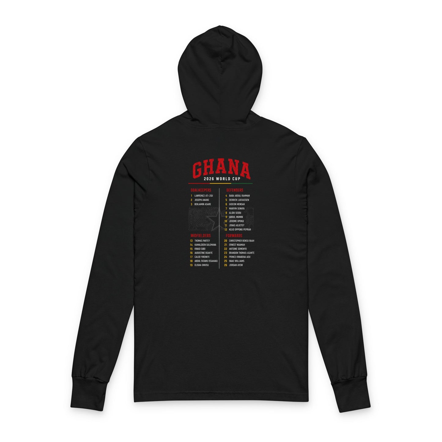 GHANA Soccer Hoodie Tee — World Cup 2022 Team Roster Long-Sleeve Hooded Tee