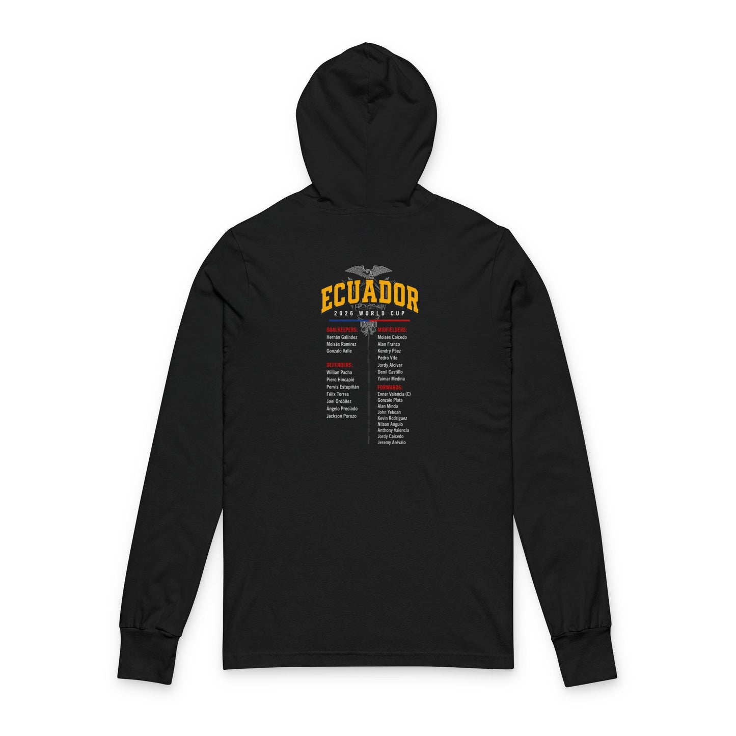 Ecuador Soccer Hoodie Tee — World Cup 2022 Team Roster Long-Sleeve Hooded Tee