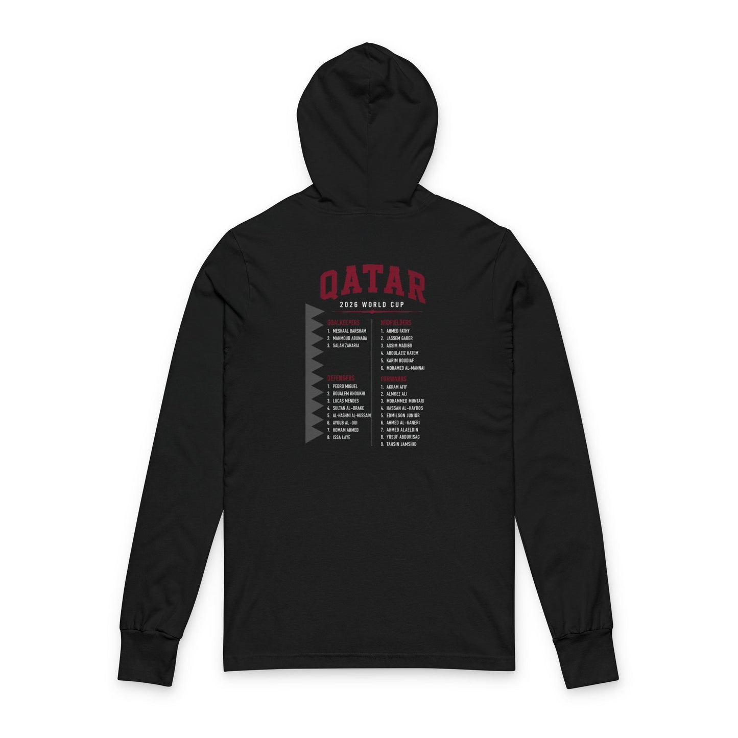 QATAR Soccer Hoodie Tee — World Cup 2022 Team Roster Long-Sleeve Hooded Tee