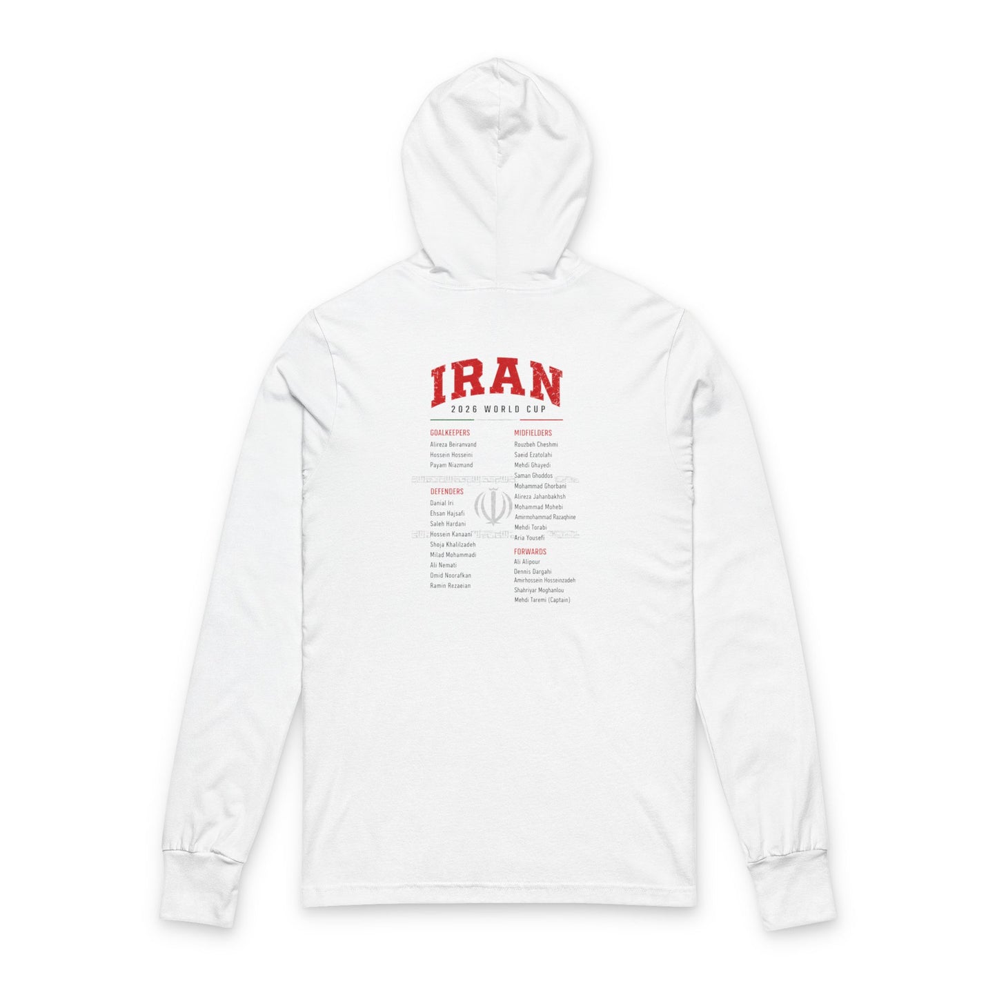 IRAN Soccer Hoodie Tee — World Cup 2022 Team Roster Long-Sleeve Hooded Tee