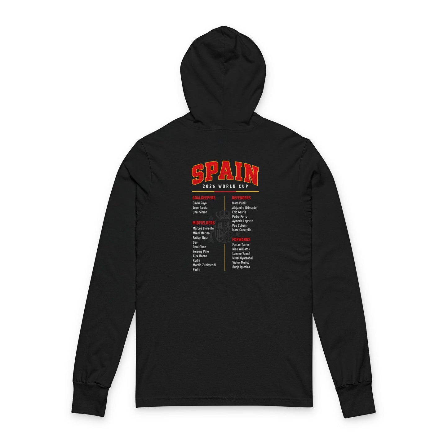 SPAIN Soccer Hoodie Tee — World Cup 2022 Team Roster Long-Sleeve Hooded Tee