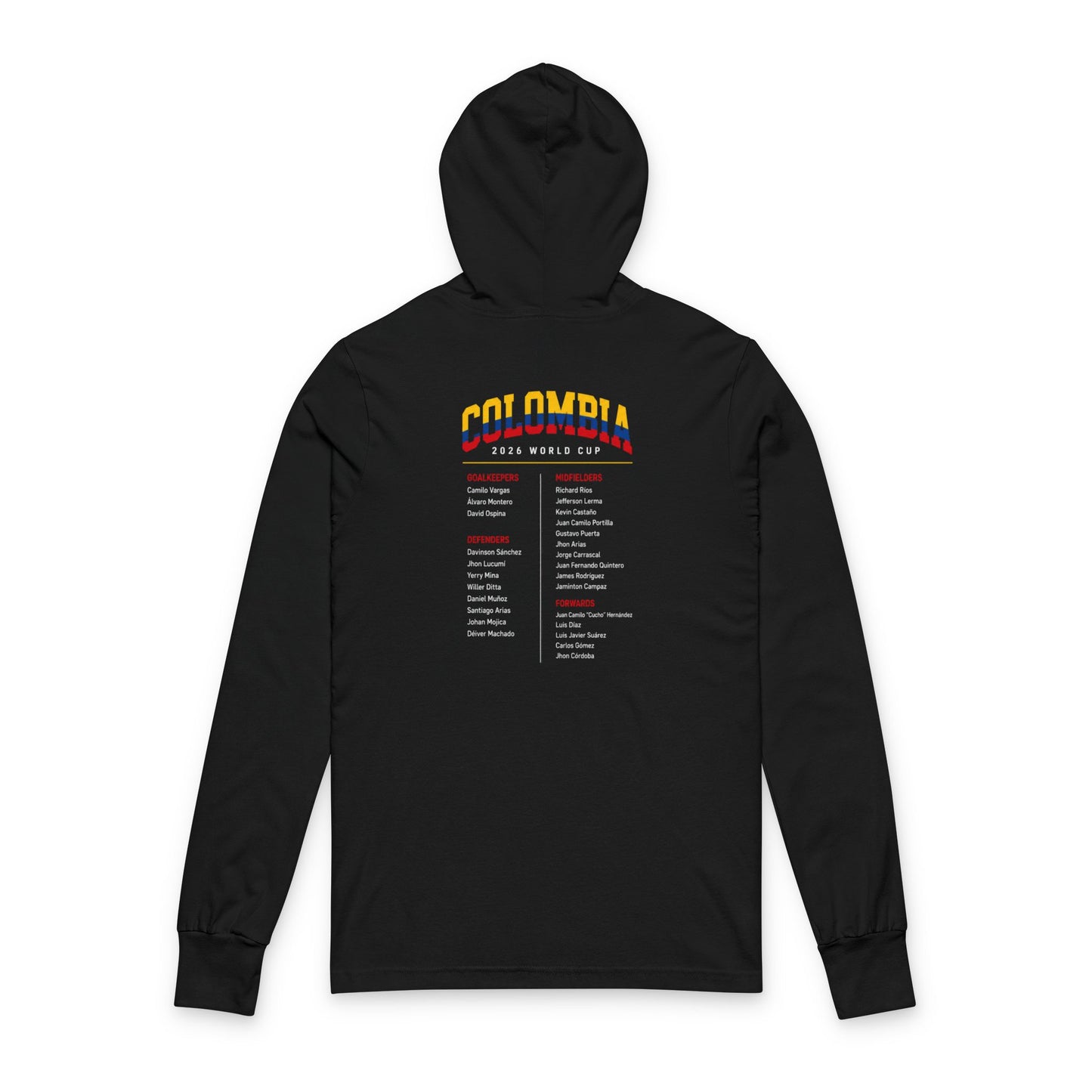 COLOMBIA Soccer Hoodie Tee — World Cup 2022 Team Roster Long-Sleeve Hooded Tee
