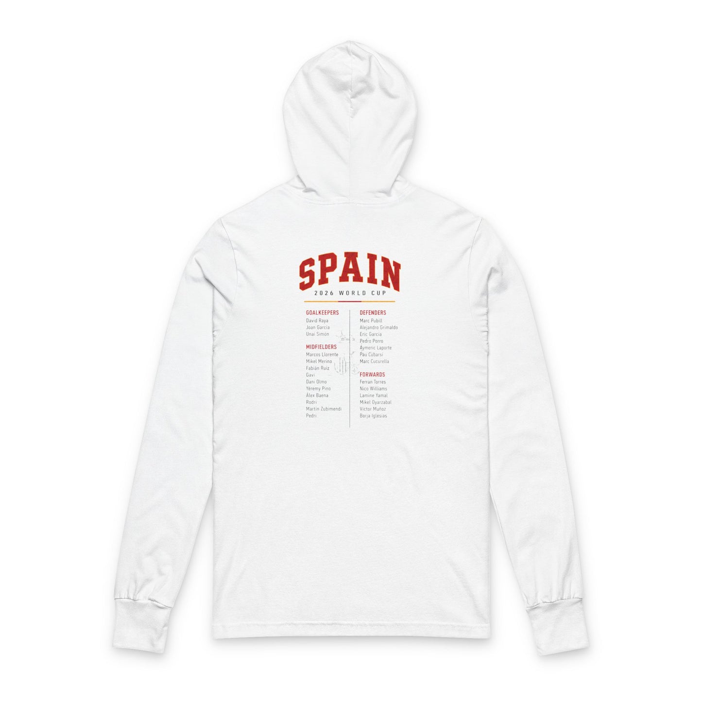 SPAIN  Soccer Hoodie Tee — World Cup 2022 Team Roster Long-Sleeve Hooded Tee