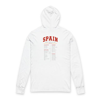 SPAIN  Soccer Hoodie Tee — World Cup 2022 Team Roster Long-Sleeve Hooded Tee