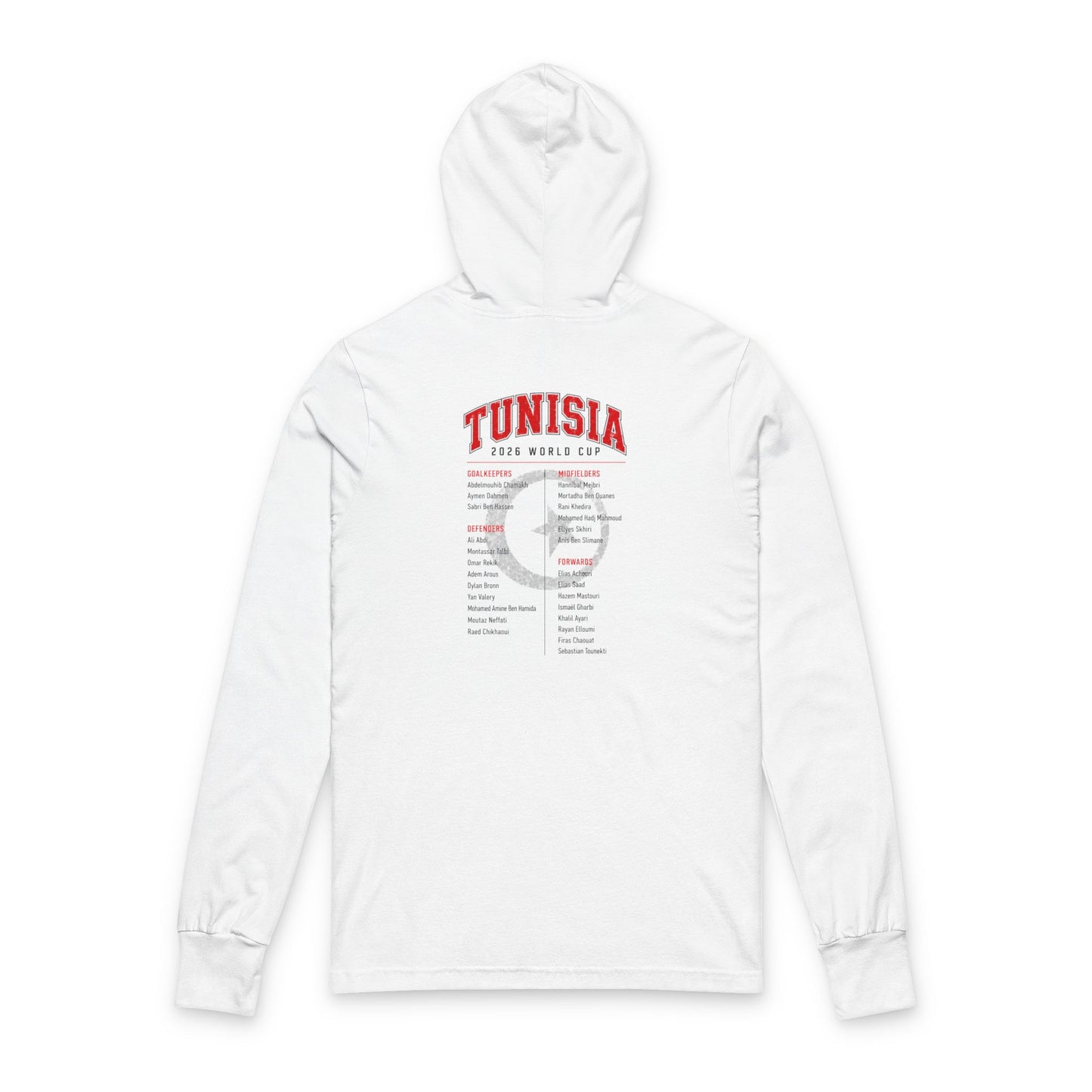 TUNISIA Soccer Hoodie Tee — World Cup 2022 Team Roster Long-Sleeve Hooded Tee