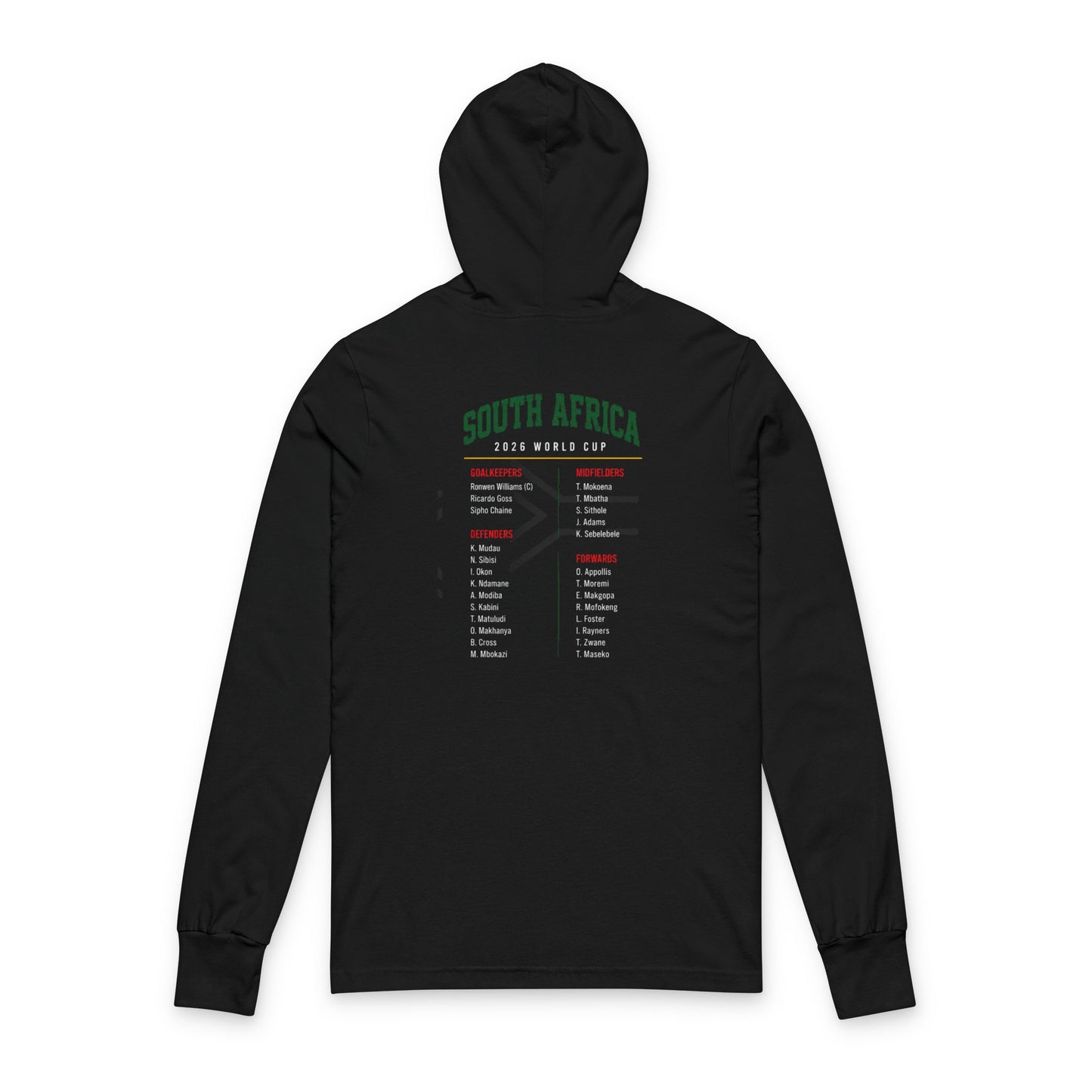 SOUTH AFRICA Soccer Hoodie Tee — World Cup 2022 Team Roster Long-Sleeve Hooded Tee