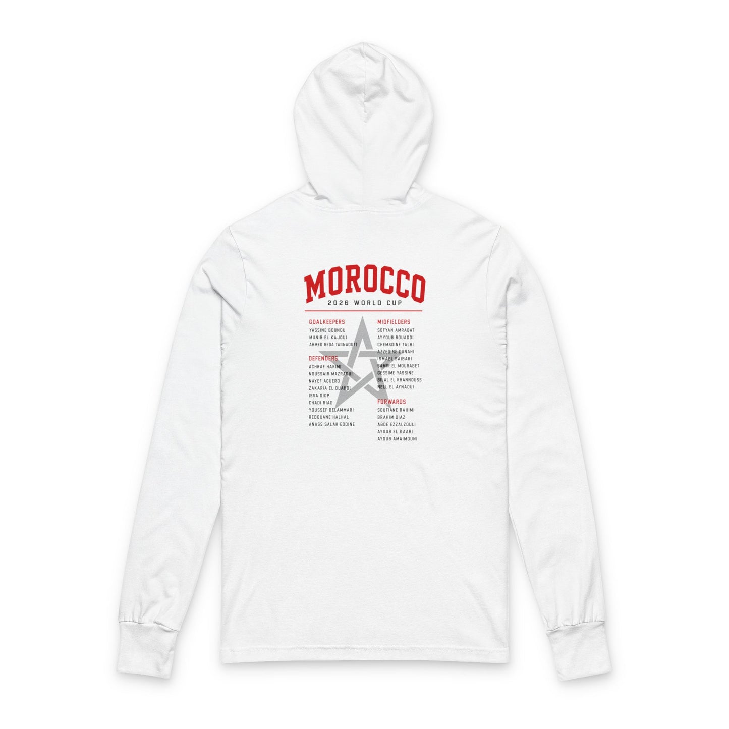MOROCCO Soccer Hoodie Tee — World Cup 2022 Team Roster Long-Sleeve Hooded Tee
