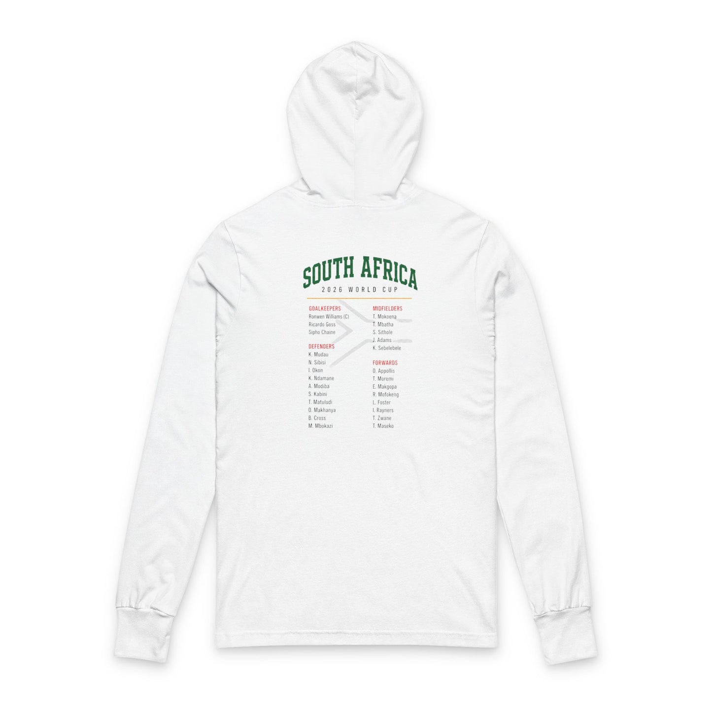 SOUTH AFRICA Soccer Hoodie Tee — World Cup 2022 Team Roster Long-Sleeve Hooded Tee