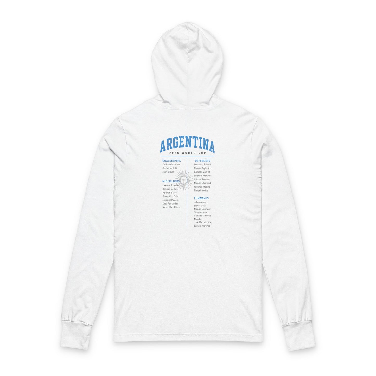 ARGENTINA Soccer Hoodie Tee — World Cup 2022 Team Roster Long-Sleeve Hooded Tee