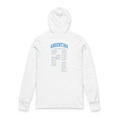 ARGENTINA Soccer Hoodie Tee — World Cup 2022 Team Roster Long-Sleeve Hooded Tee