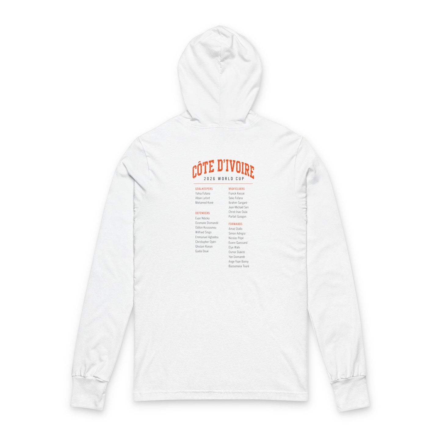 COTE D'IVOIRE  Soccer Hoodie Tee — World Cup 2022 Team Roster Long-Sleeve Hooded Tee