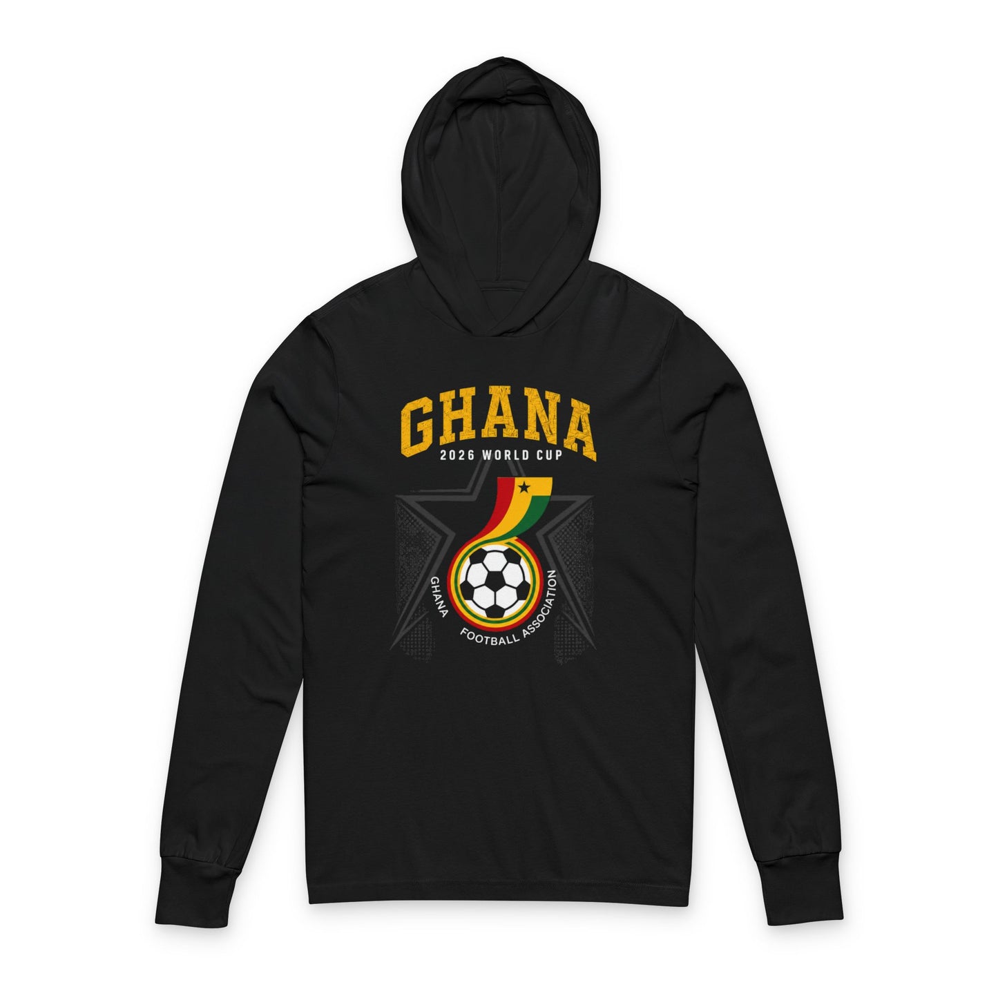 GHANA Soccer Hoodie Tee — World Cup 2022 Team Roster Long-Sleeve Hooded Tee