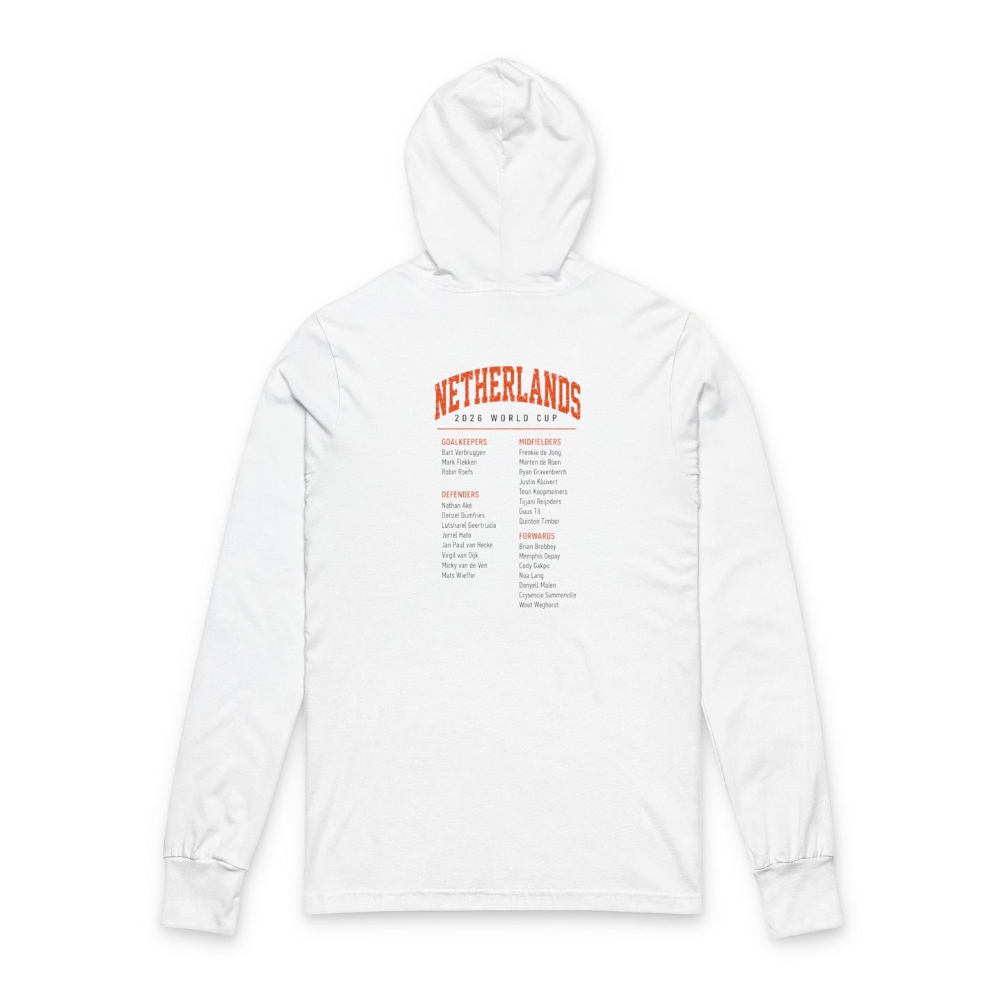 NETHERLANDS Soccer Hoodie Tee — World Cup 2022 Team Roster Long-Sleeve Hooded Tee