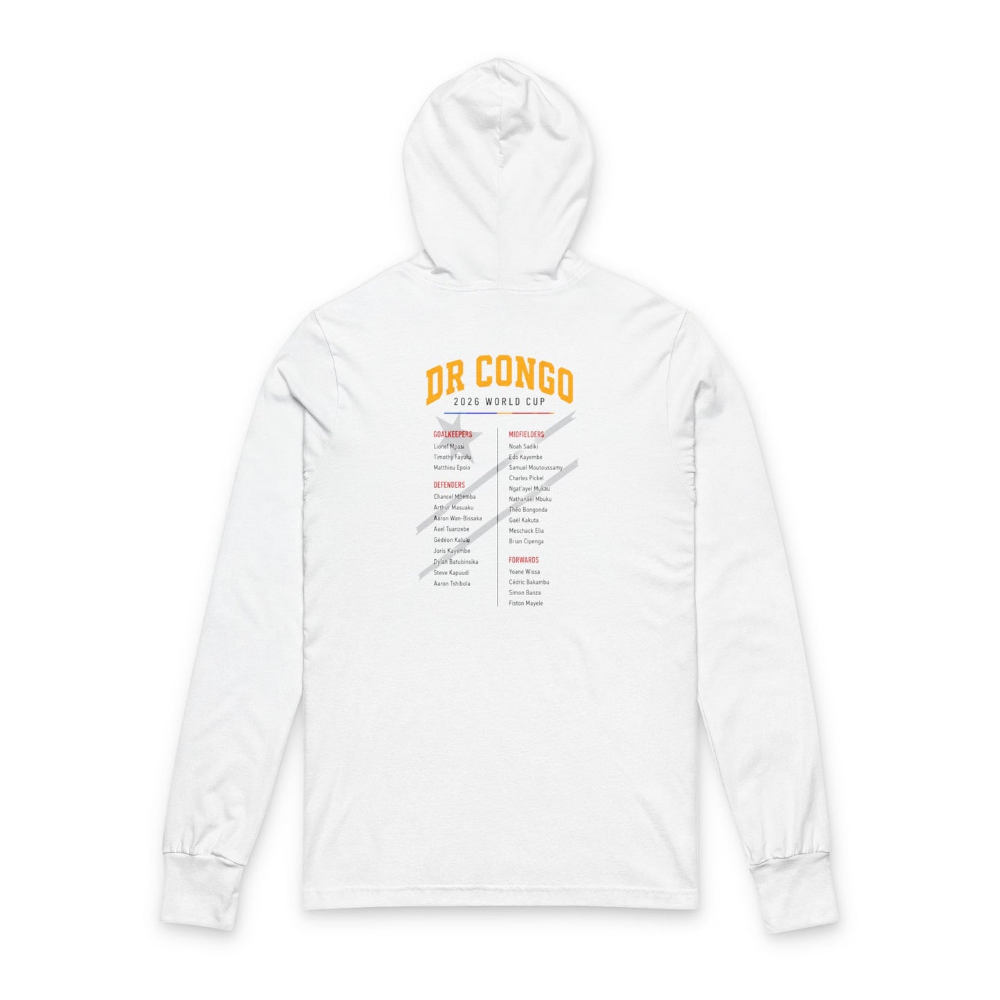 CONGO DR Soccer Hoodie Tee — World Cup 2022 Team Roster Long-Sleeve Hooded Tee