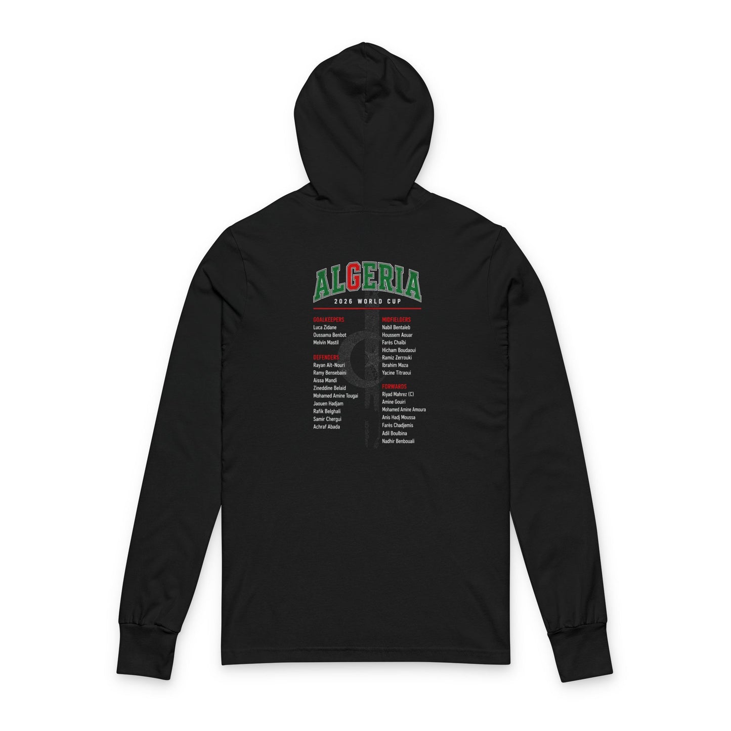 ALGERIA Soccer Hoodie Tee — World Cup 2022 Team Roster Long-Sleeve Hooded Tee