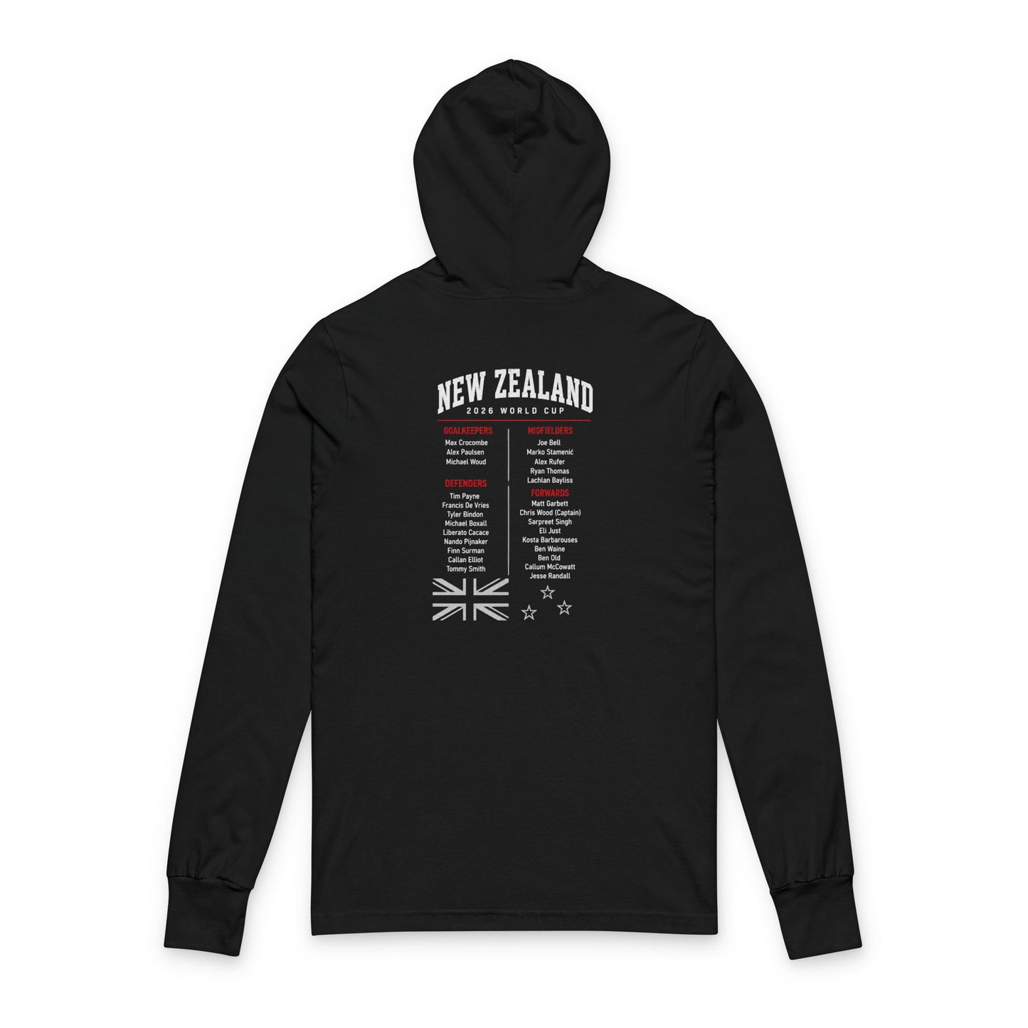 NEW ZEALAND Soccer Hoodie Tee — World Cup 2022 Team Roster Long-Sleeve Hooded Tee