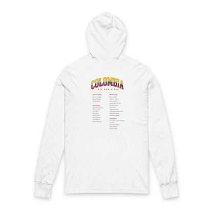 COLOMBIA Soccer Hoodie Tee — World Cup 2022 Team Roster Long-Sleeve Hooded Tee