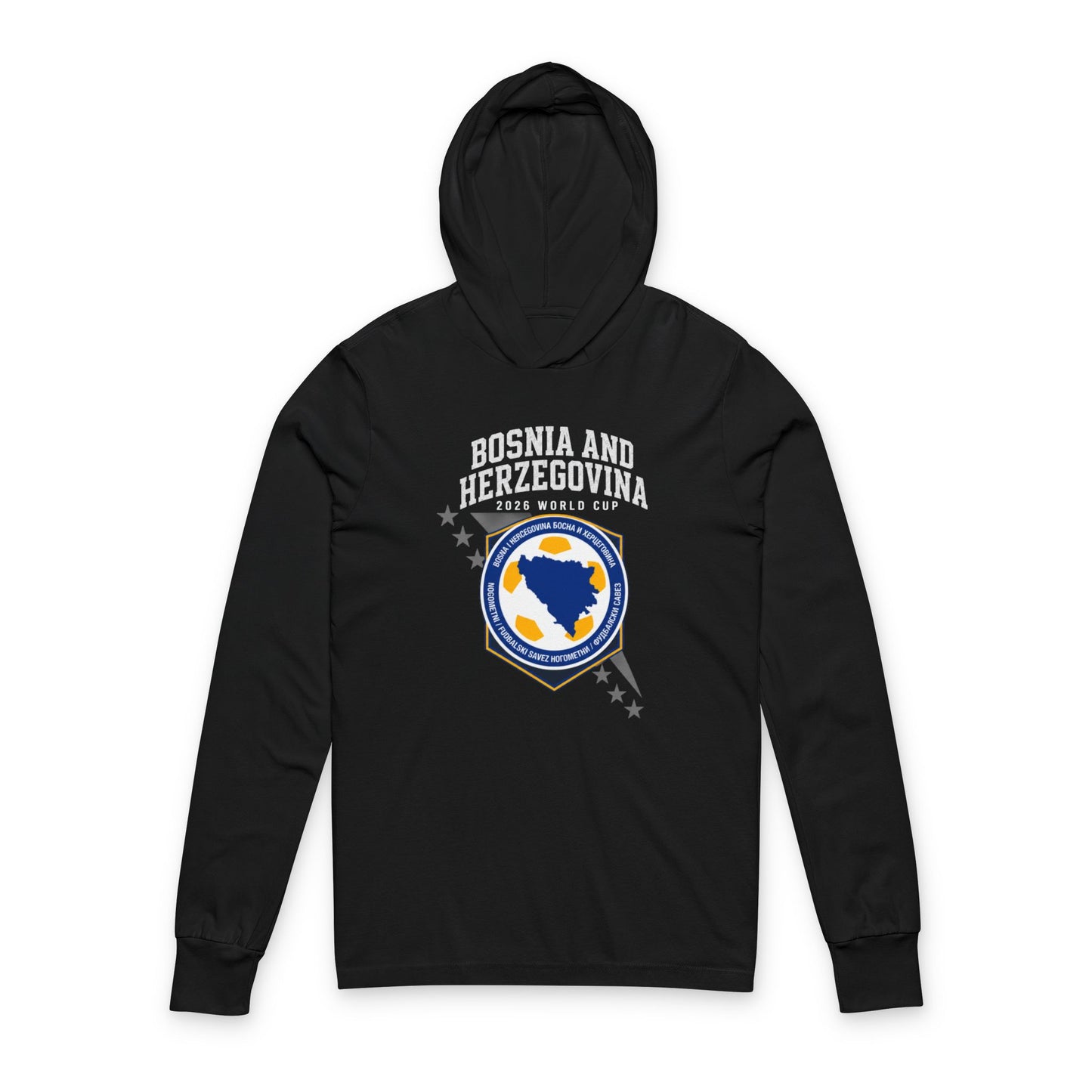 BOSNIA AND HERZEGOVINA Soccer Hoodie Tee — World Cup 2022 Team Roster Long-Sleeve Hooded Tee