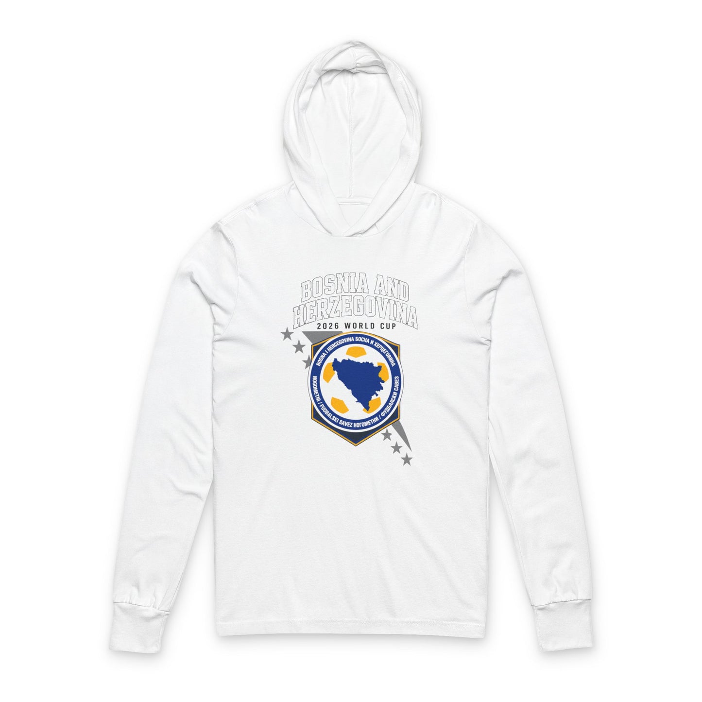 BOSNIA AND HERZEGOVINA Soccer Hoodie Tee — World Cup 2022 Team Roster Long-Sleeve Hooded Tee
