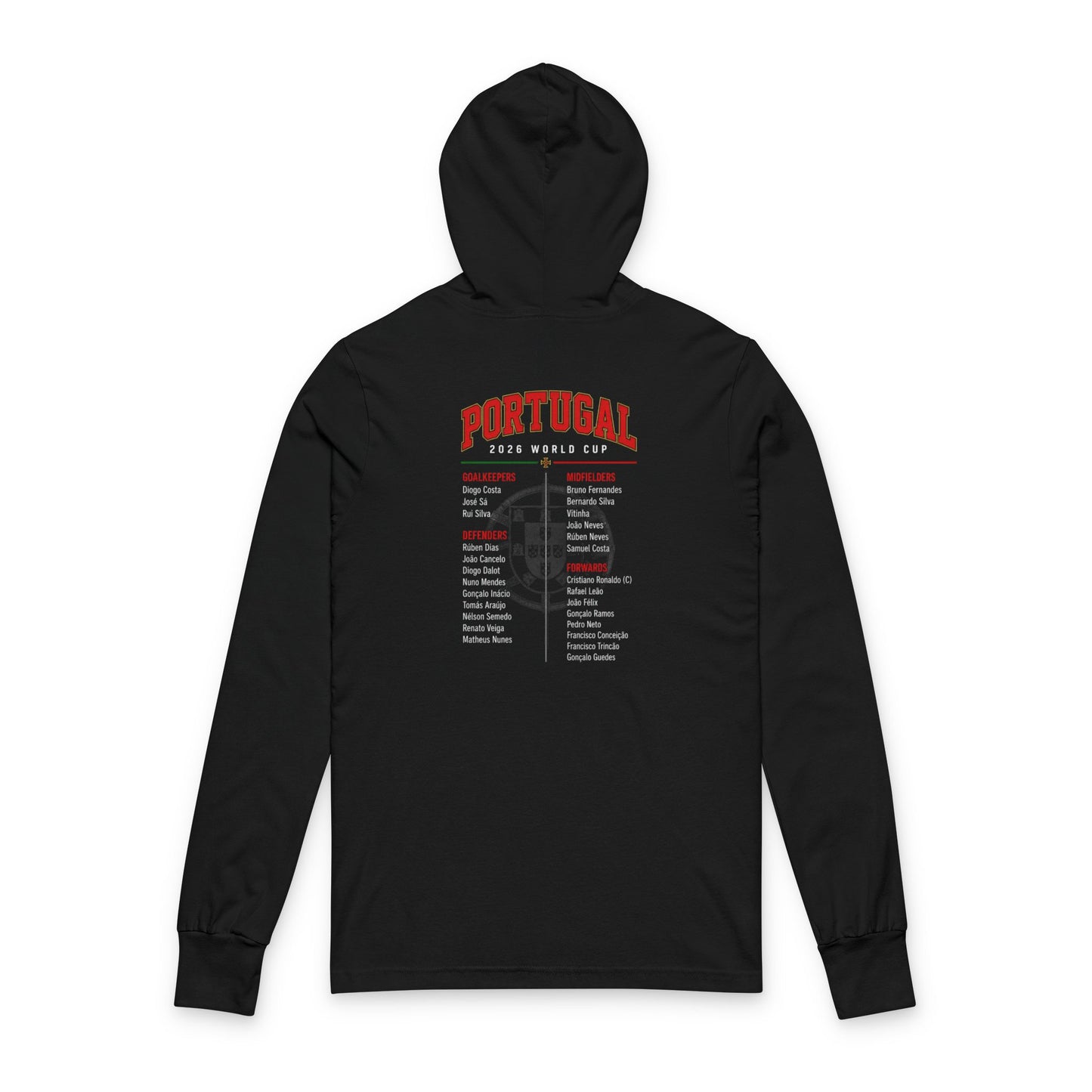 PORTUGAL Soccer Hoodie Tee — World Cup 2022 Team Roster Long-Sleeve Hooded Tee