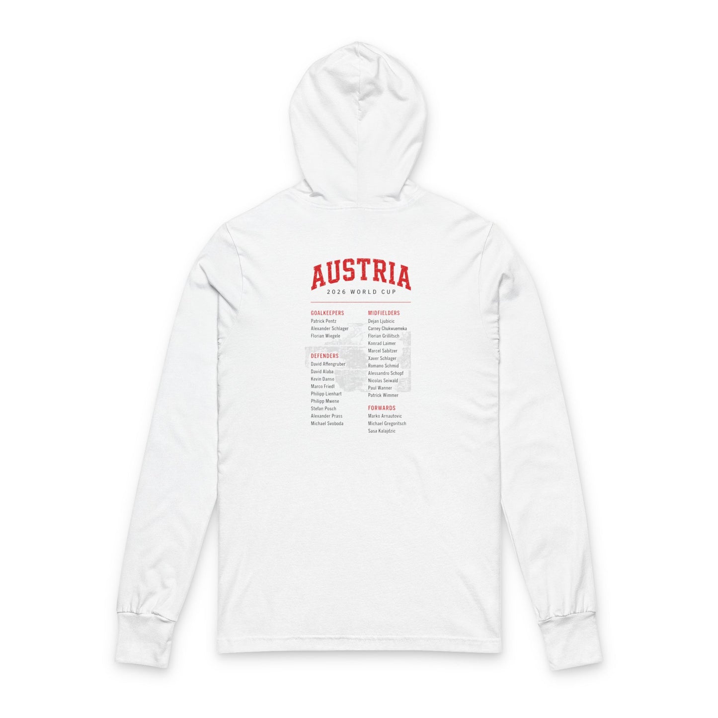 AUSTRIA Soccer Hoodie Tee — World Cup 2022 Team Roster Long-Sleeve Hooded Tee