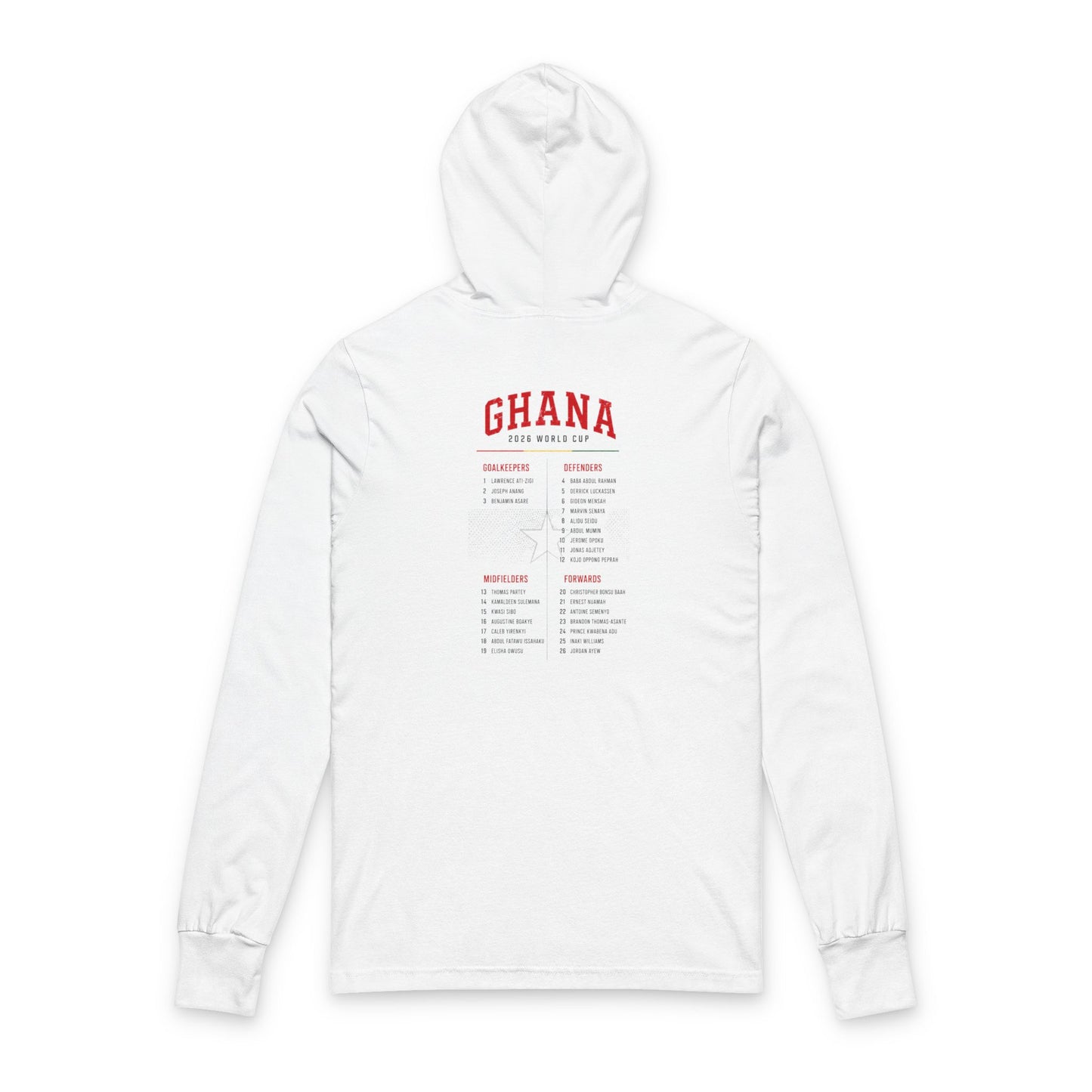 GHANA Soccer Hoodie Tee — World Cup 2022 Team Roster Long-Sleeve Hooded Tee