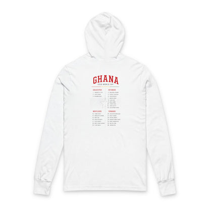 GHANA Soccer Hoodie Tee — World Cup 2022 Team Roster Long-Sleeve Hooded Tee