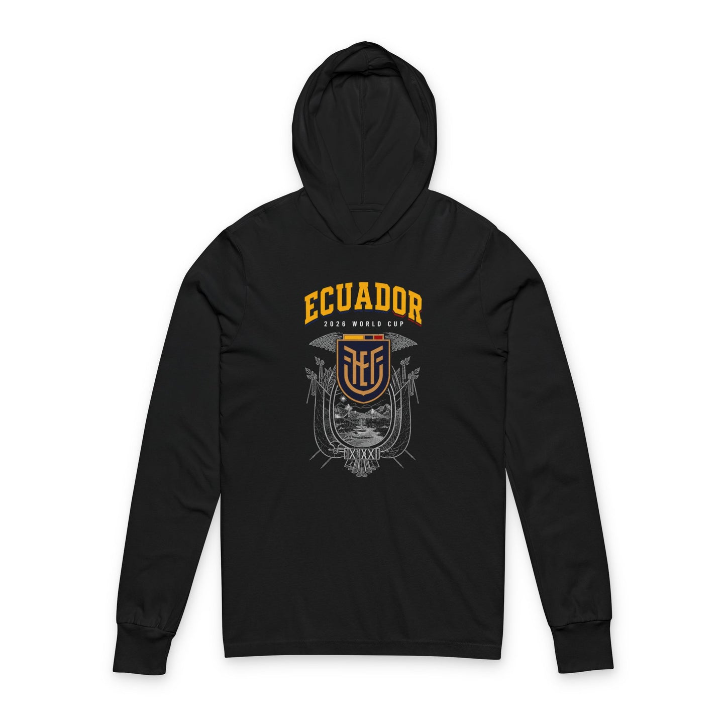 Ecuador Soccer Hoodie Tee — World Cup 2022 Team Roster Long-Sleeve Hooded Tee