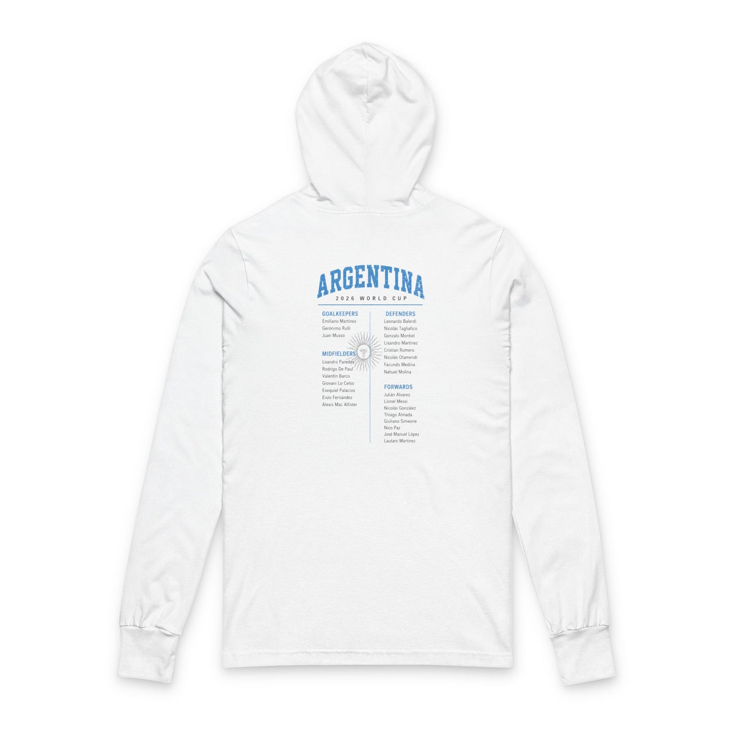 ARGENTINA Soccer Hoodie Tee — World Cup 2022 Team Roster Long-Sleeve Hooded Tee