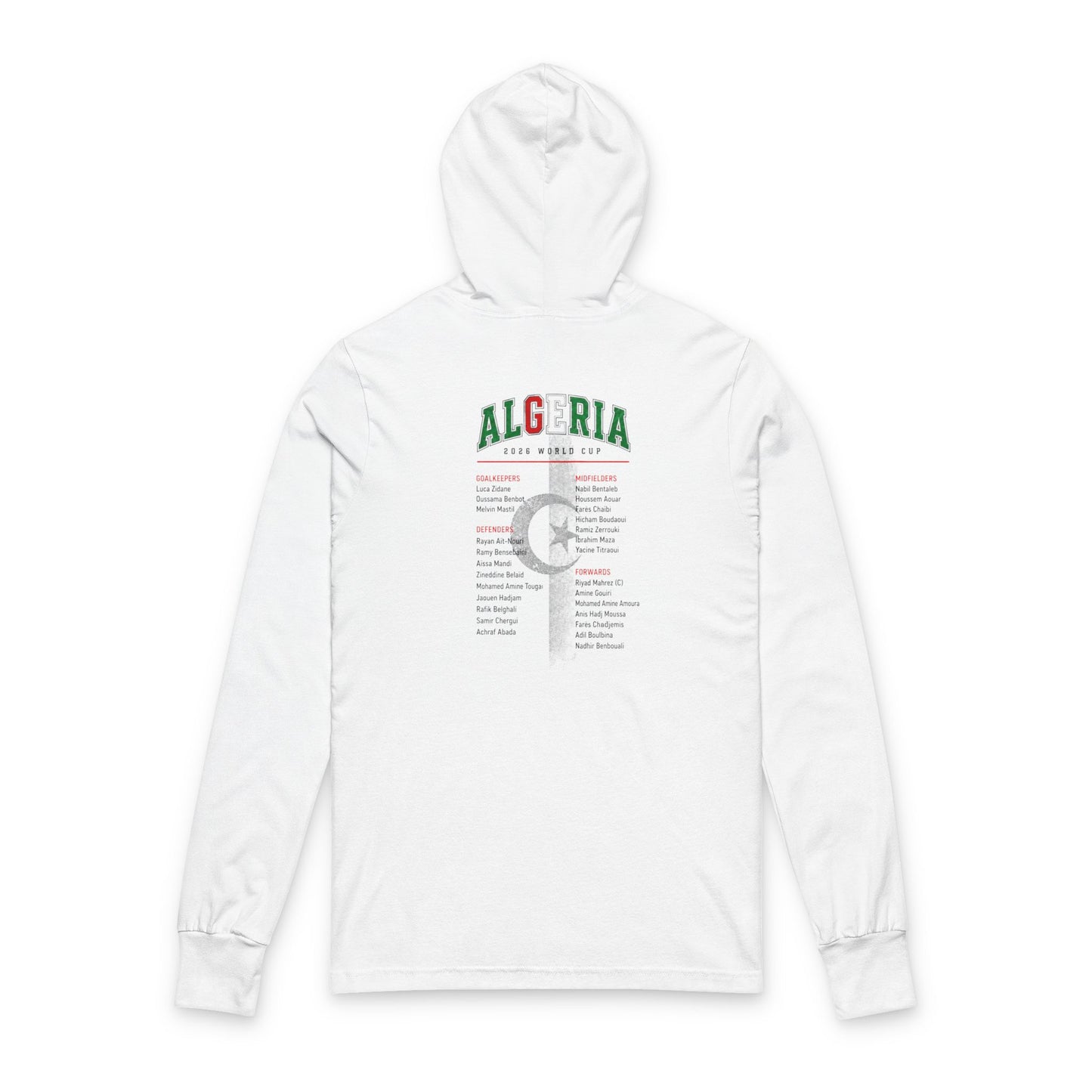 ALGERIA Soccer Hoodie Tee — World Cup 2022 Team Roster Long-Sleeve Hooded Tee
