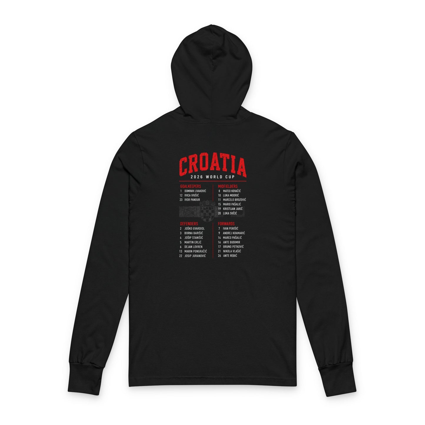 CROATIA  Soccer Hoodie Tee — World Cup 2022 Team Roster Long-Sleeve Hooded Tee