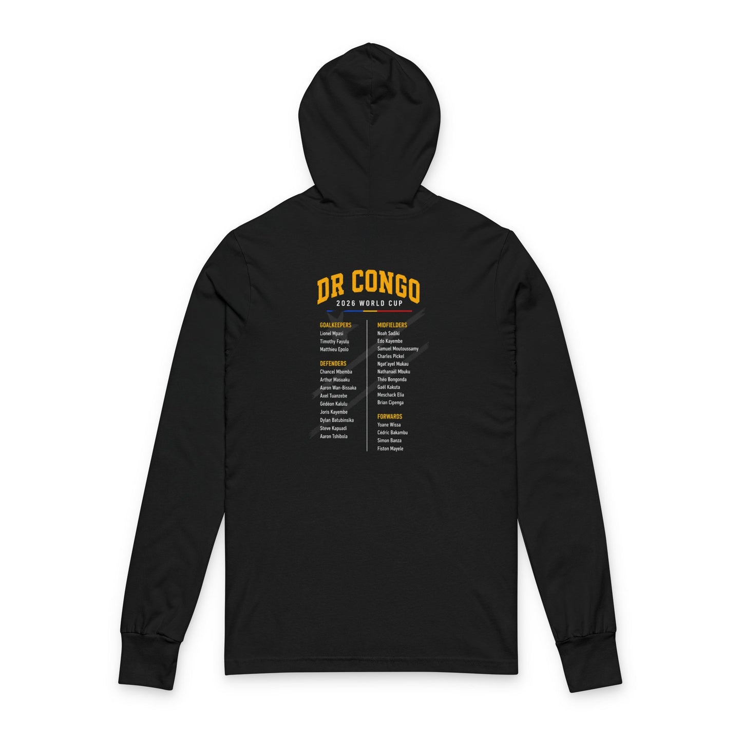 CONGO DR Soccer Hoodie Tee — World Cup 2022 Team Roster Long-Sleeve Hooded Tee