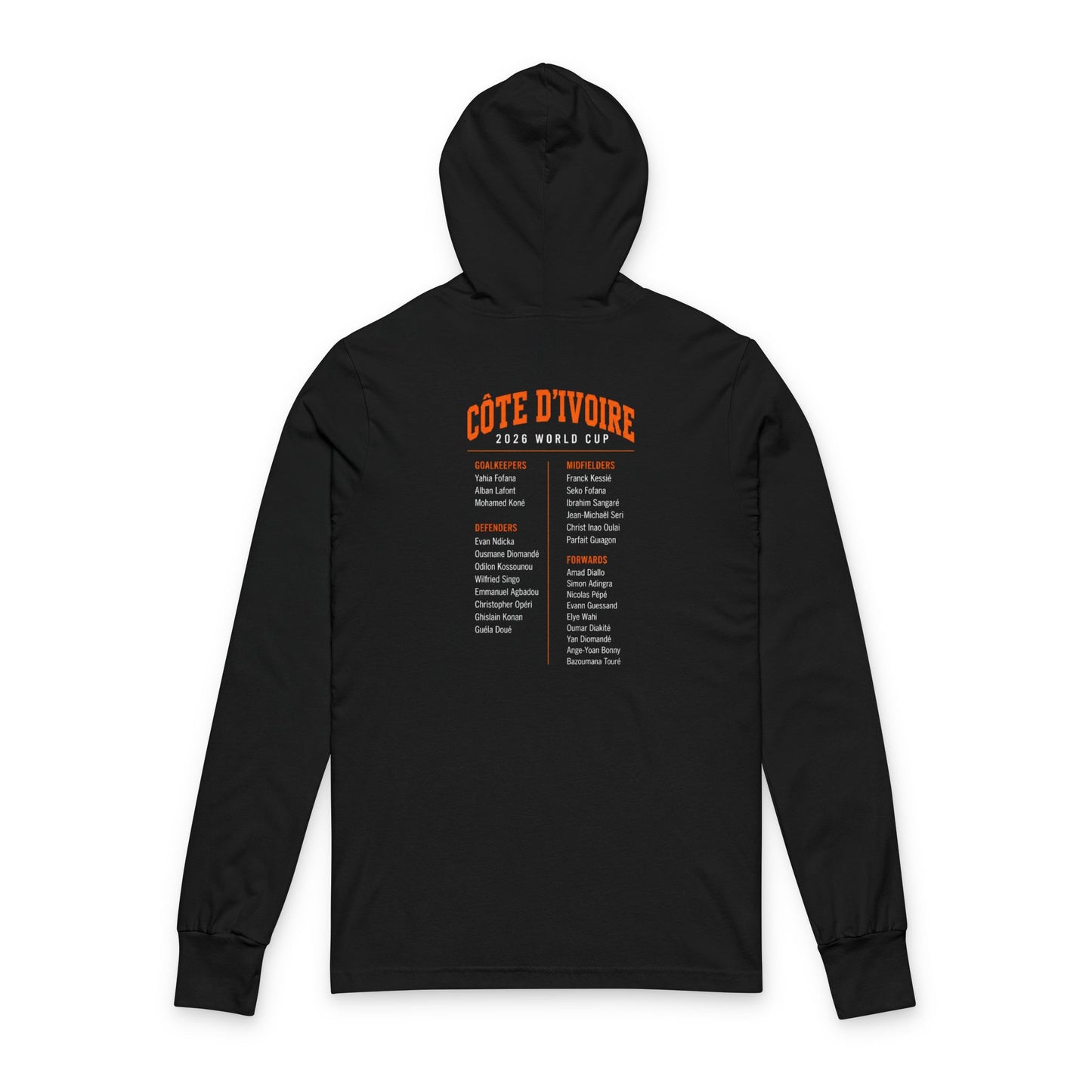 COTE D'IVOIRE  Soccer Hoodie Tee — World Cup 2022 Team Roster Long-Sleeve Hooded Tee