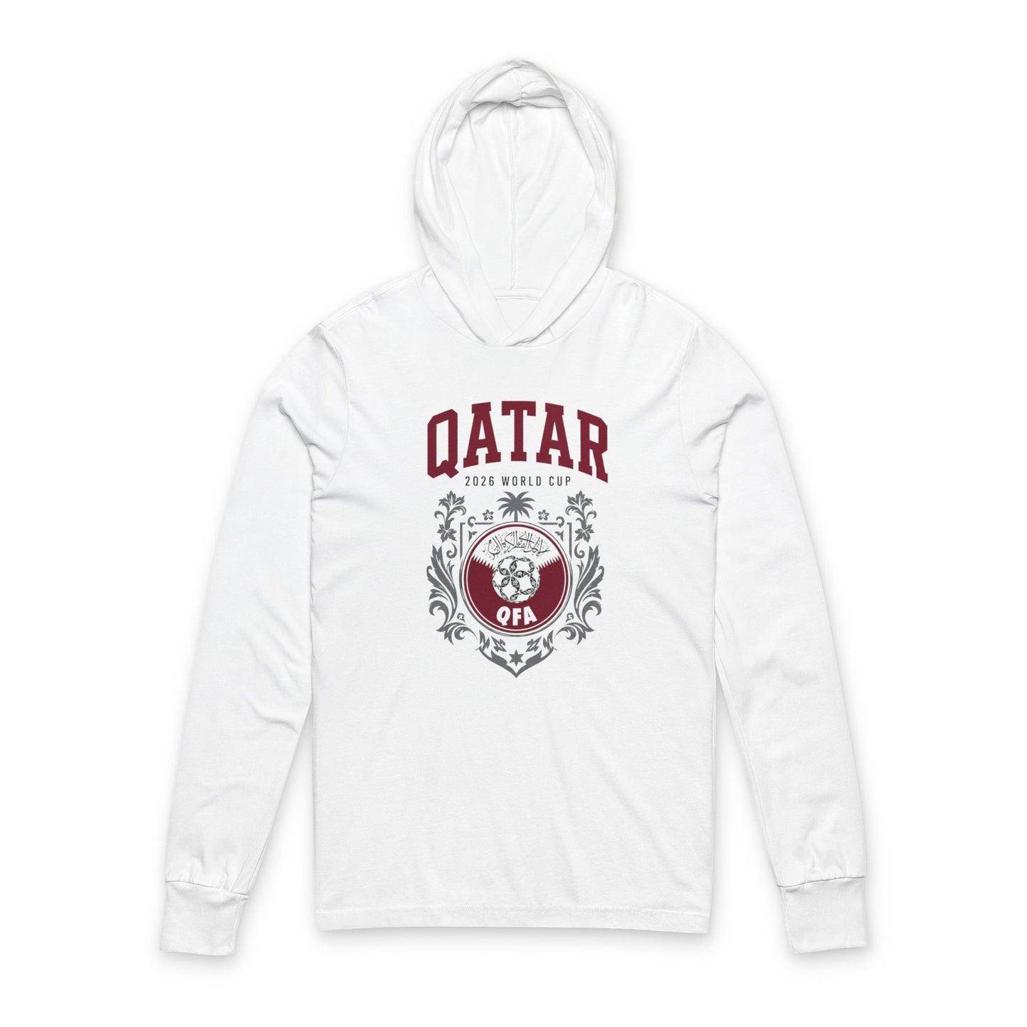 QATAR Soccer Hoodie Tee — World Cup 2022 Team Roster Long-Sleeve Hooded Tee