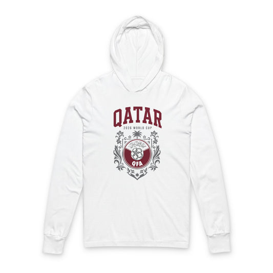 QATAR Soccer Hoodie Tee — World Cup 2022 Team Roster Long-Sleeve Hooded Tee