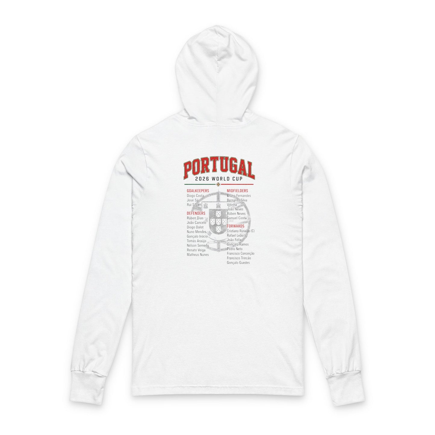 PORTUGAL Soccer Hoodie Tee — World Cup 2022 Team Roster Long-Sleeve Hooded Tee