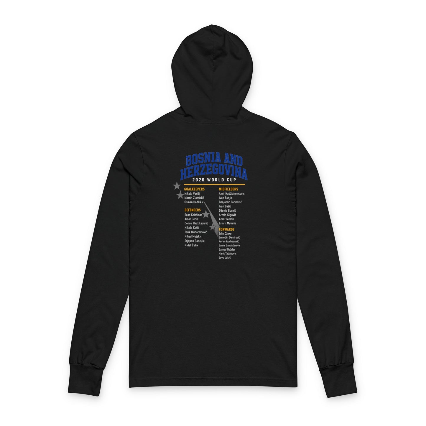 BOSNIA AND HERZEGOVINA Soccer Hoodie Tee — World Cup 2022 Team Roster Long-Sleeve Hooded Tee