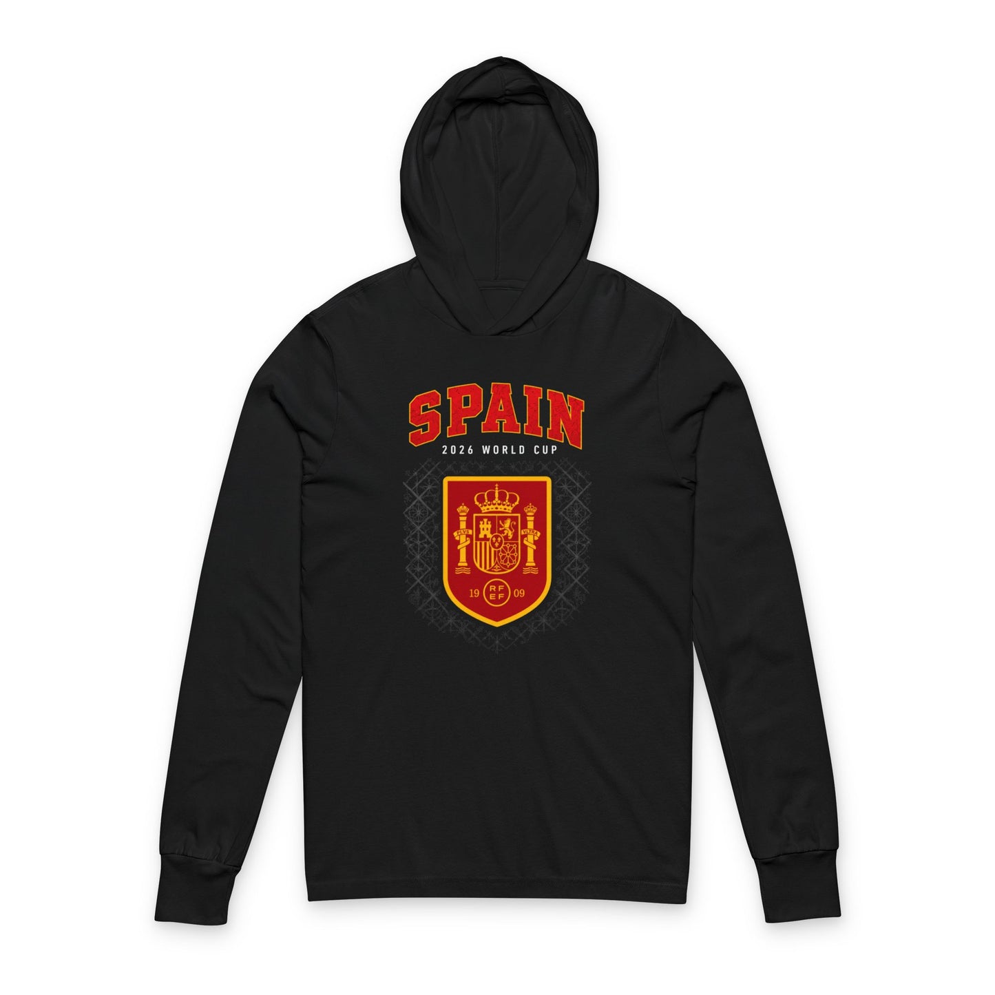 SPAIN  Soccer Hoodie Tee — World Cup 2022 Team Roster Long-Sleeve Hooded Tee