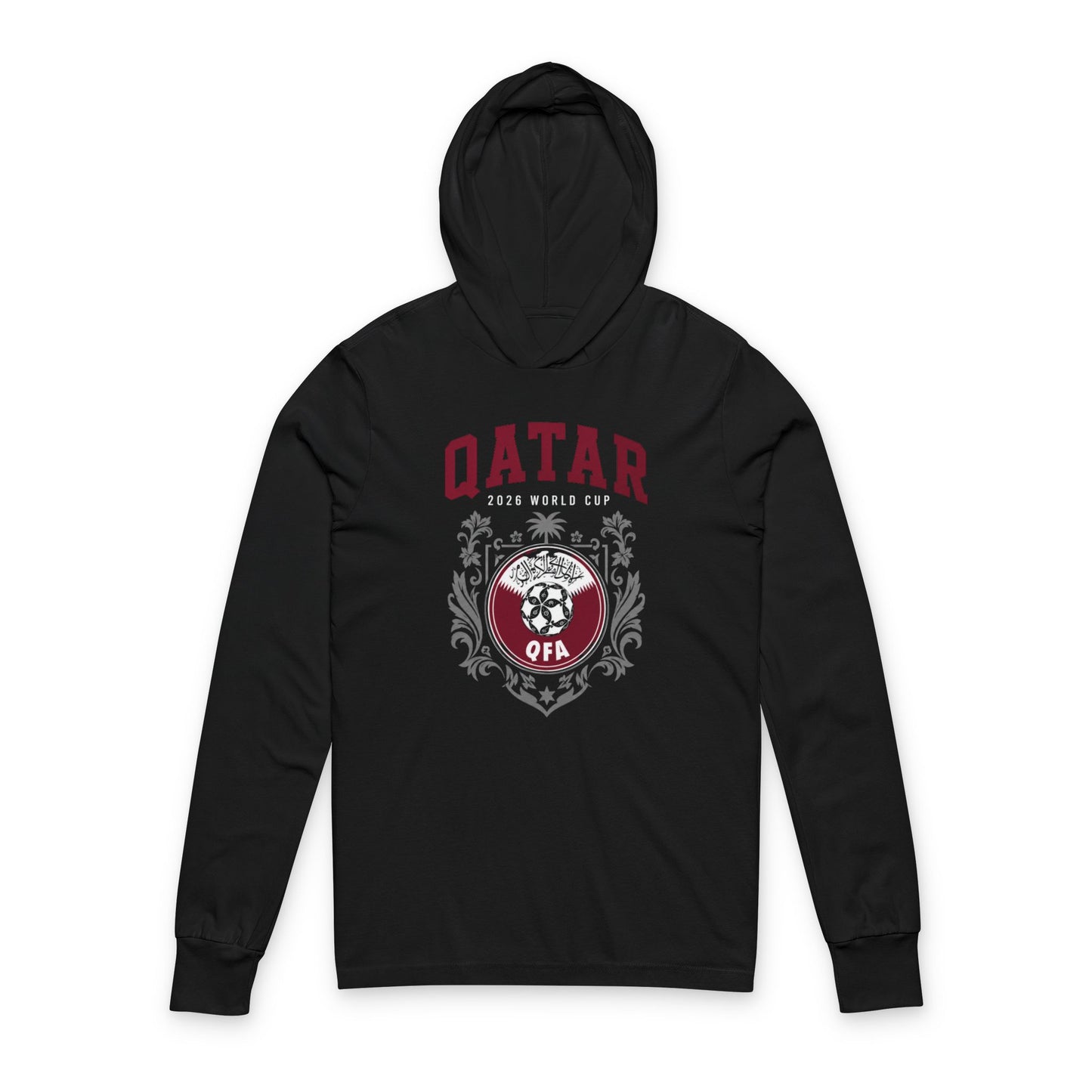 QATAR Soccer Hoodie Tee — World Cup 2022 Team Roster Long-Sleeve Hooded Tee