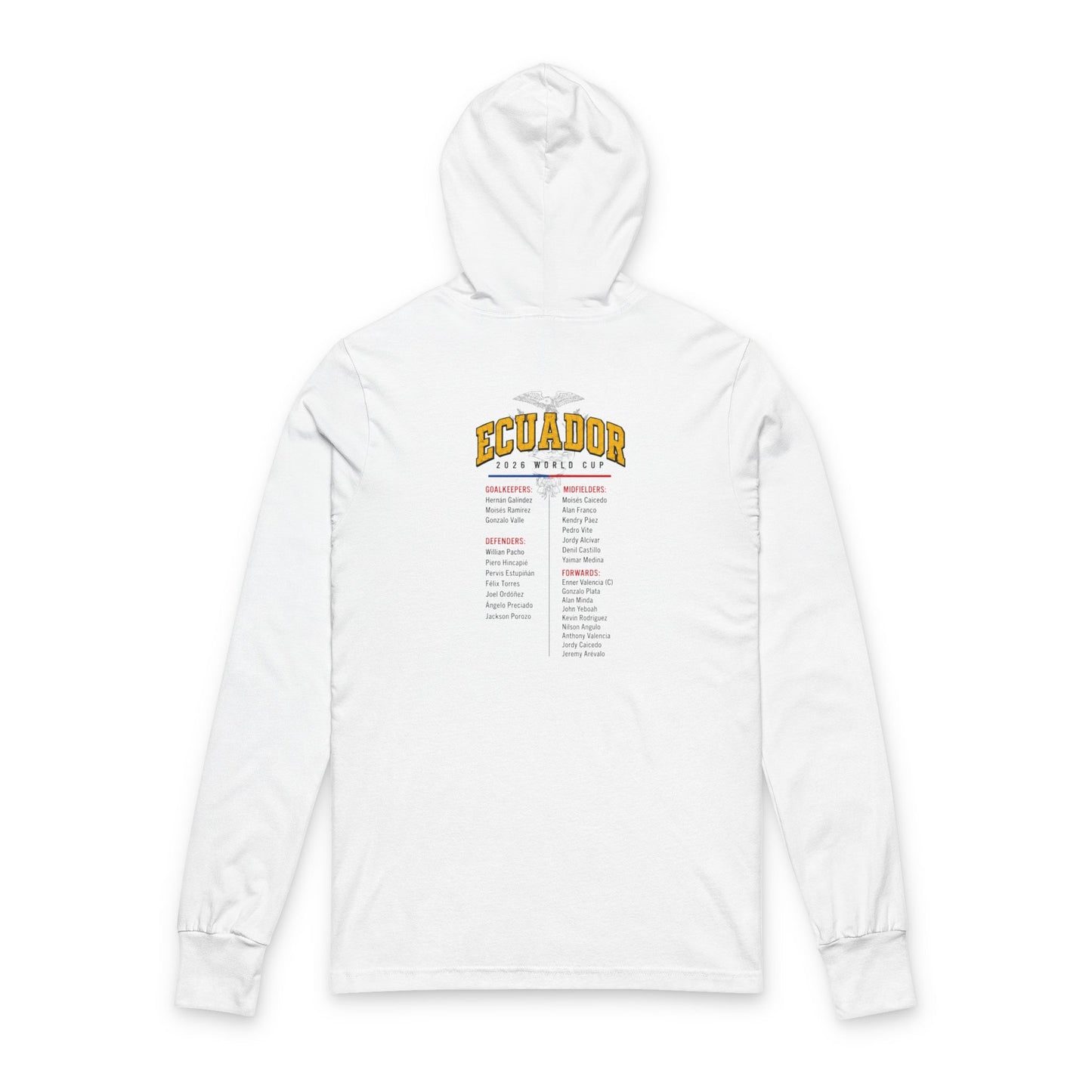 Ecuador Soccer Hoodie Tee — World Cup 2022 Team Roster Long-Sleeve Hooded Tee