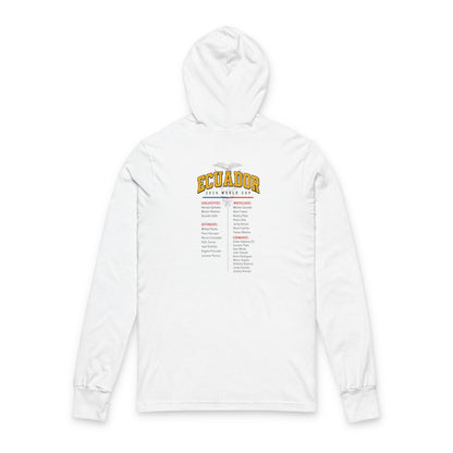 Ecuador Soccer Hoodie Tee — World Cup 2022 Team Roster Long-Sleeve Hooded Tee