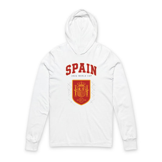 SPAIN  Soccer Hoodie Tee — World Cup 2022 Team Roster Long-Sleeve Hooded Tee