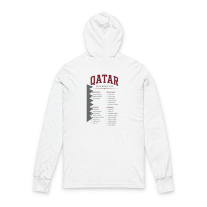 QATAR Soccer Hoodie Tee — World Cup 2022 Team Roster Long-Sleeve Hooded Tee