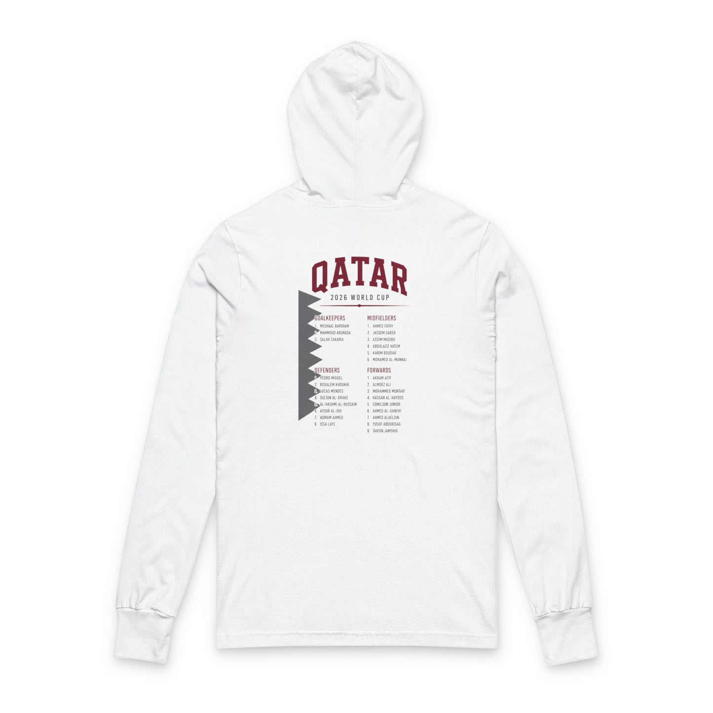 QATAR Soccer Hoodie Tee — World Cup 2022 Team Roster Long-Sleeve Hooded Tee